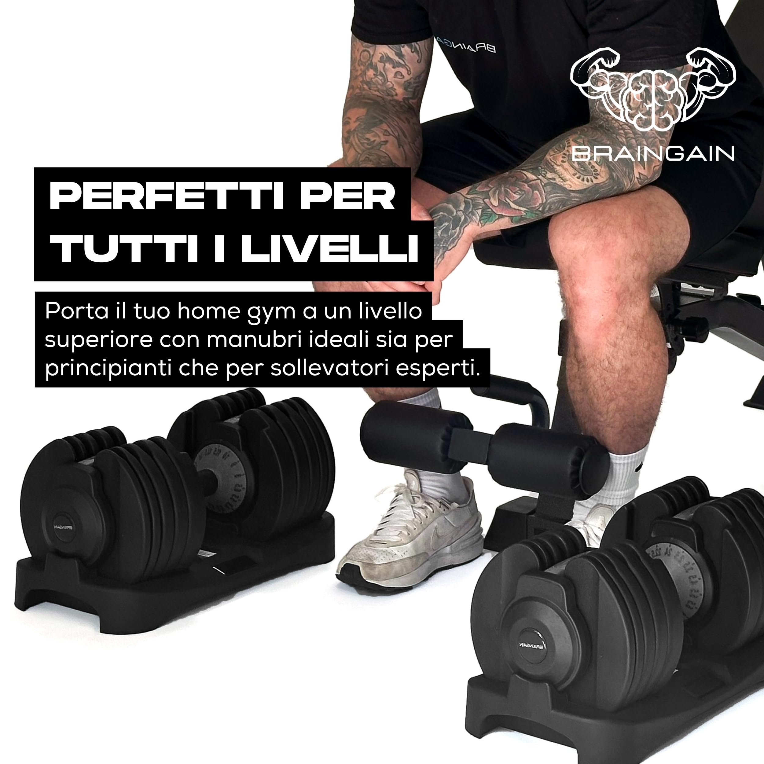 BRAINGAIN Manubri regolabili 24 kg, coppia, 15 in 1, per la casa | Cambio rapido Smart-Click, 15 livelli di peso, blocco sicuro, impugnatura antiscivolo, 2 × 24 kg (48 kg)