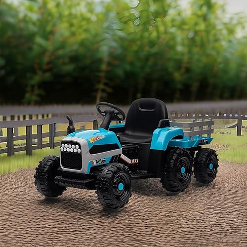Vista 6 de Tractor de paseo para niños con remolque y control remoto para padres, juguete de tractor con batería de 12 V con motores duales, 3 velocidades