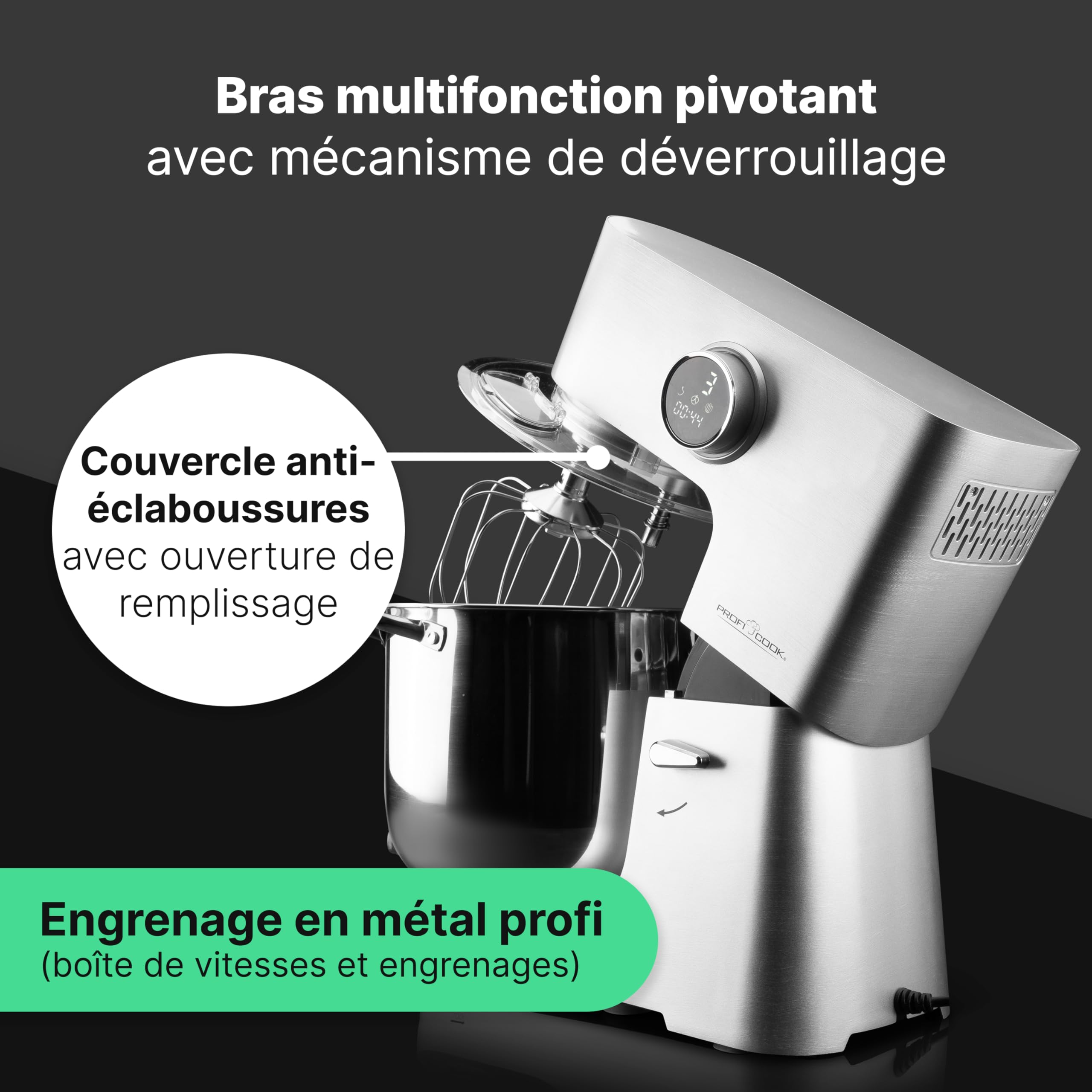 Profi Cook Robot de cuisine avec bol XXL de 12 L | Pétrin avec moteur Longlife Pro de 2500W | Boîte de vitesses en métal et écran LED | Robot culinaire pour jusqu'à 8,5 kg de pâte | PC KM 1254