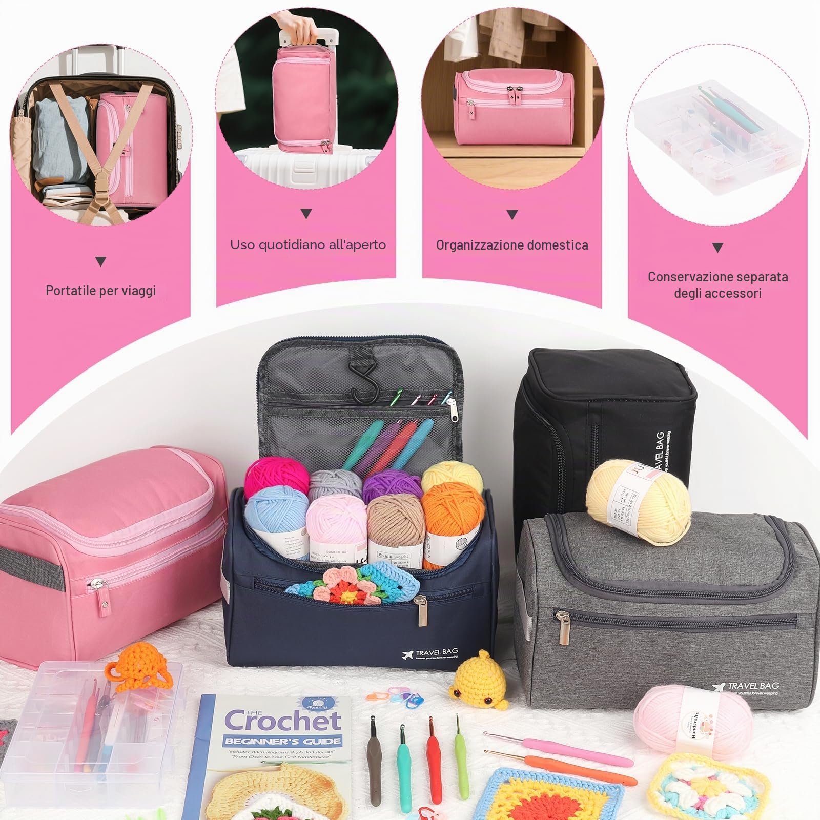 Reessy Kit per uncinetto, 88 pezzi, kit per uncinetto per principianti e adulti, include istruzioni ergonomiche uncinetti 15 pezzi × 25 g sacchetto per riporre i filati e accessori per maglieria, kit