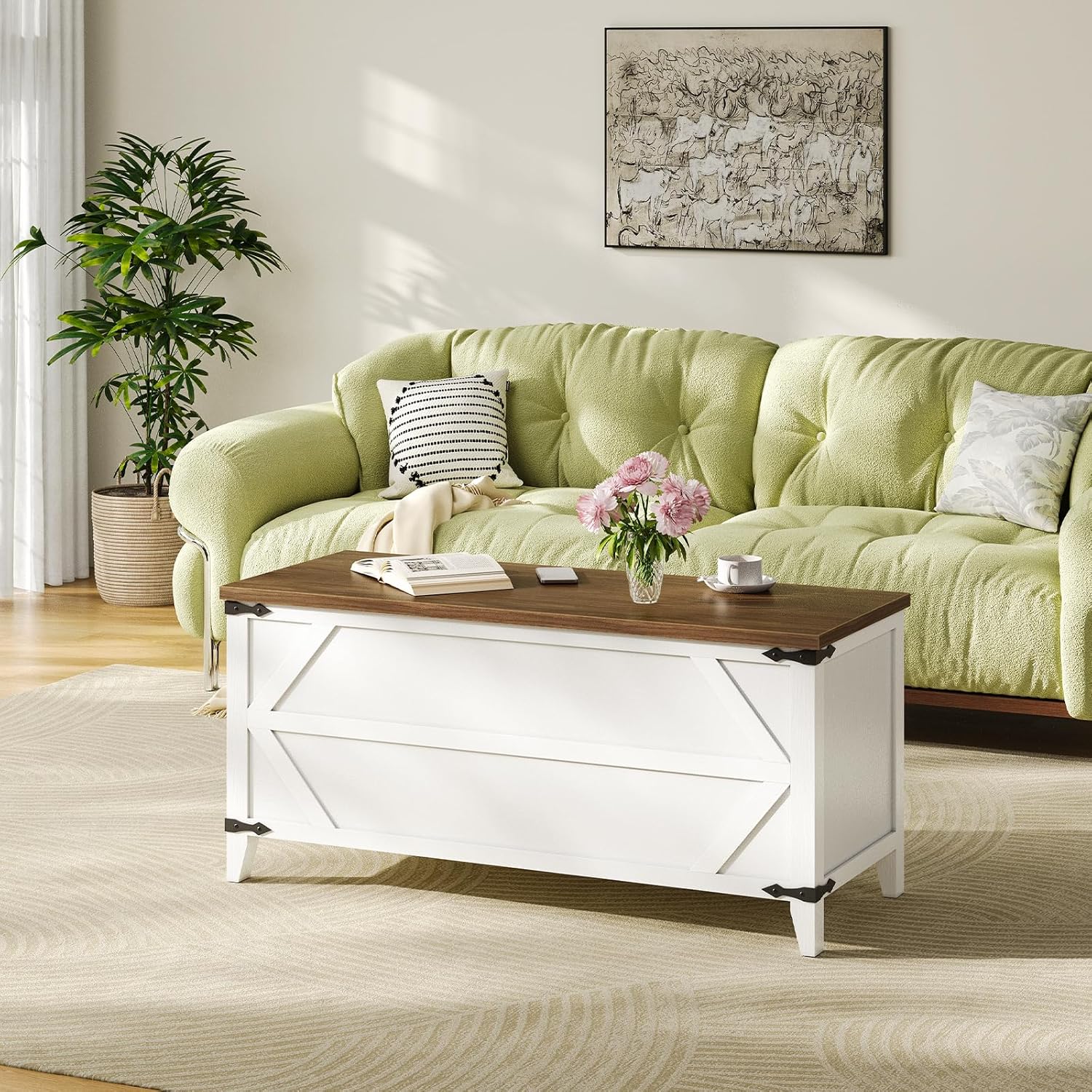 HOOBRO 43.3" Storage Bench, Toy Box with Safety Hinges, Toy Chest Storage, Wooden Storage Bench for Bedroom, Living Room, White and Walnut WH611CW01