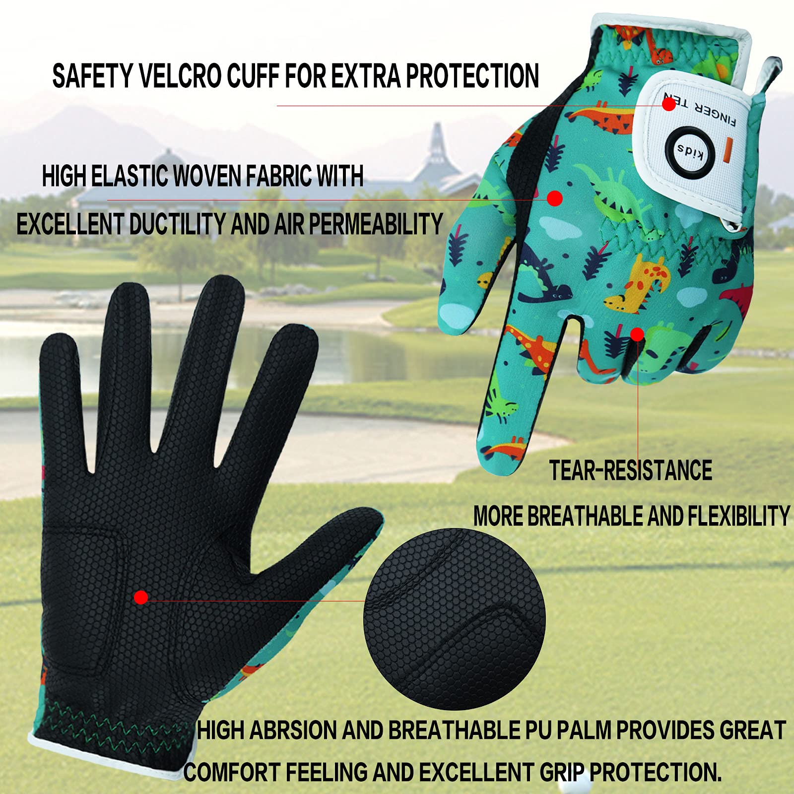 FINGER TEN Golf Gloves Kids Youth All Weather Soft for Left Right Hand Rain Grip Breathable Value 2 Pack - Image 3
