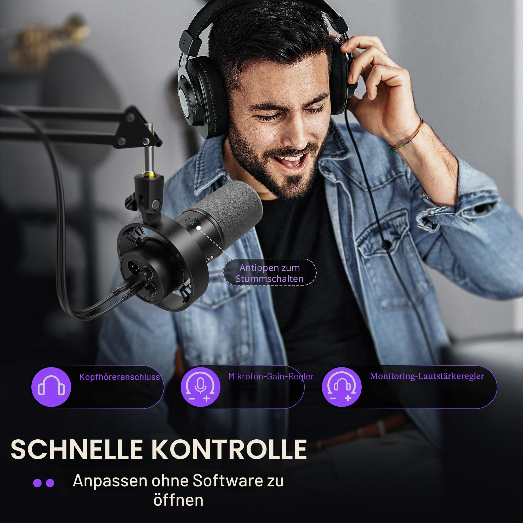 FIFINE K688 Podcast-Mikrofon-Set, USB/XLR Dynamisches Mikrofon mit Galgenarm für PC/XLR-Mixer, Gaming-Mikrofon mit Stummschalttaste, Kopfhöreranschluss für Gesang, Voice-Over, Streaming, Musikaufnahme