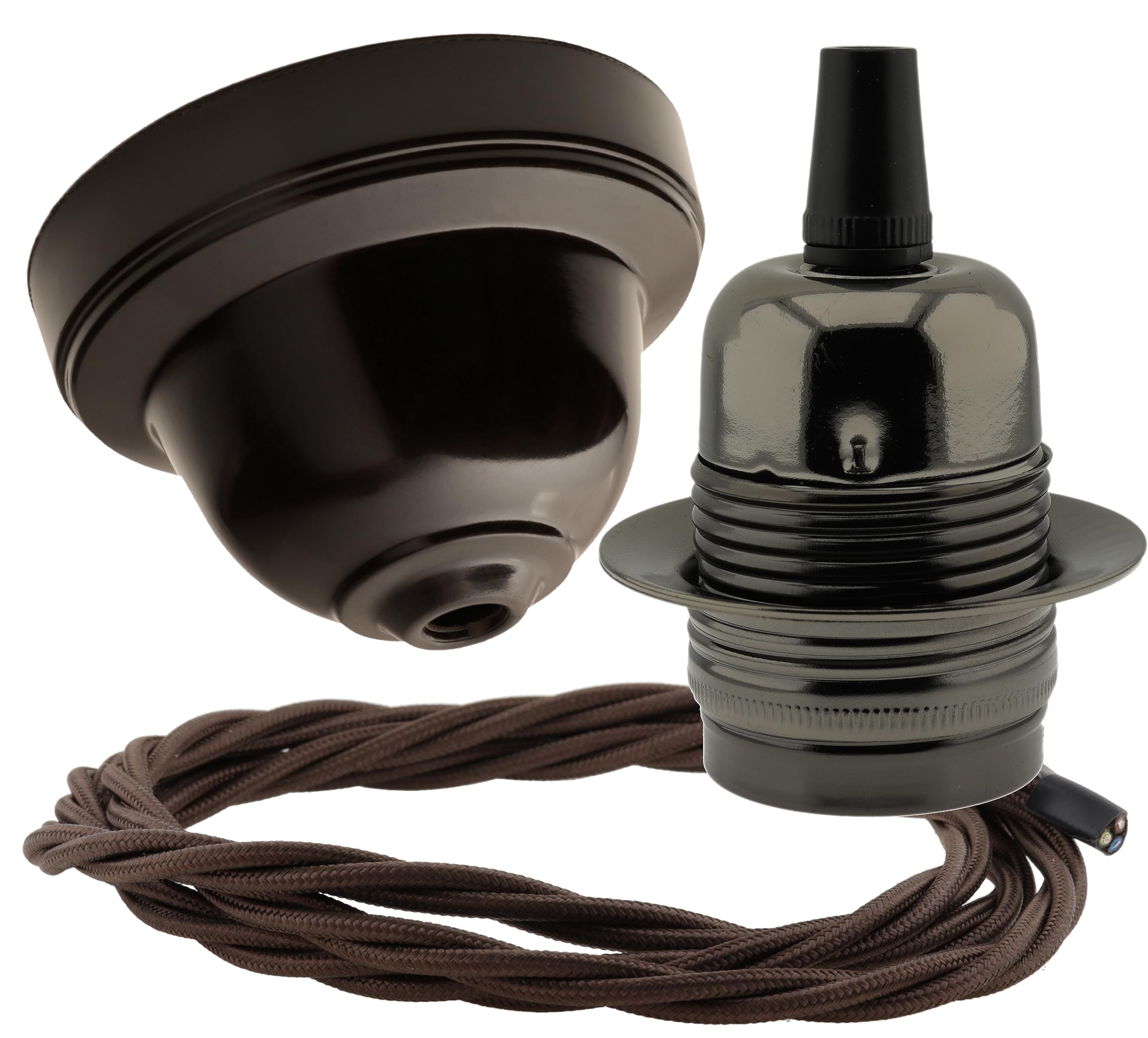 Repaireum Ltd. Vintage Styled Ceiling Pendant Kit incl. Black Bakelite Rose, Traditional E27 Lampholder in Bronze and 3 Core Brown Braided Twisted Flex
