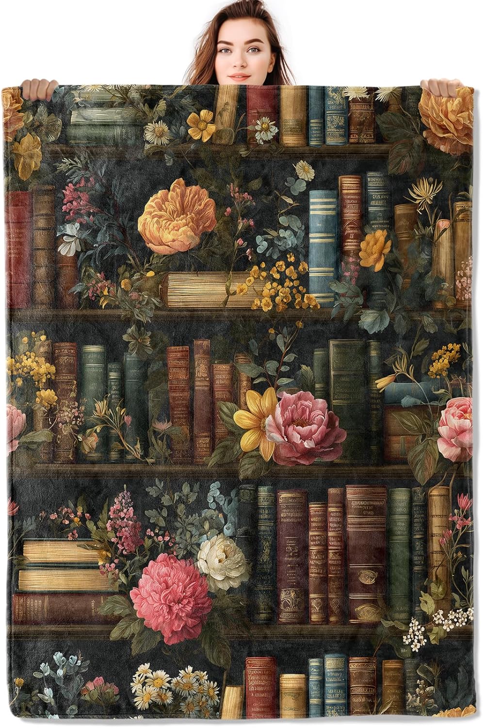 Floral Bookshelf Throw Blanket Soft Lightweight, Retro Book Blankets for Bedroom Living Room Sofa Office, Vintage Classic Flower Cozy Throws, Home Accent and Women Girls Gifts, 60 X 80 Inch