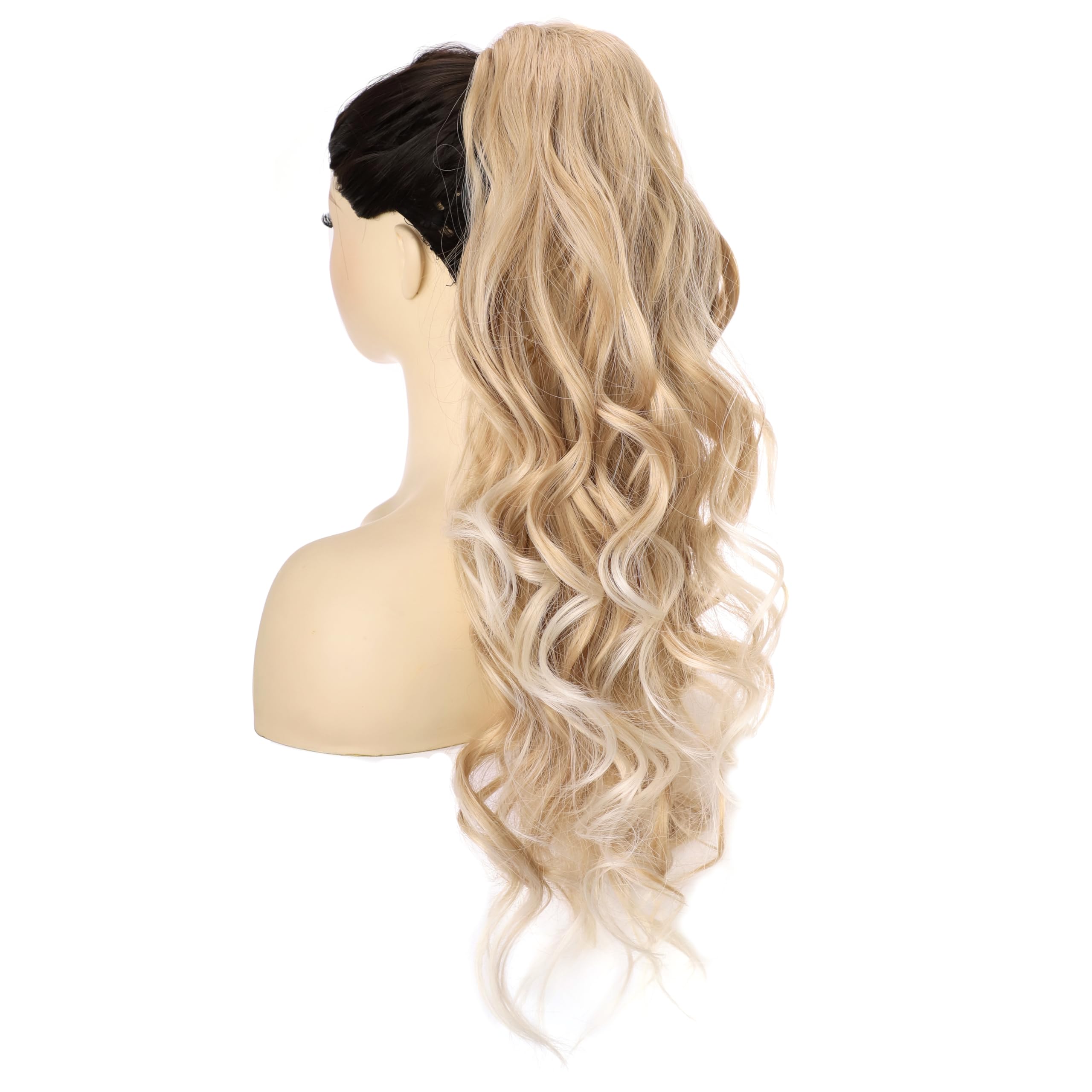 YEESHEDO Long Wavy Ponytail Hair Extension for Women Drawstring Ponytail Hair Extensions Clip in Curly Synthetic Hairpiece (Blonde mix Platinum) - Image 4