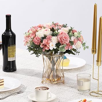 HNVNER 2 Bunches Artificial Roses Peonies Pink Artificial Flowers, Fake Peonies Faux Hydrangea Silk Flower Bouquet for Home Wedding Party Decoration Arrangement