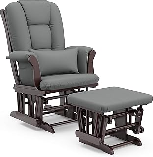 Storkcraft Tuscany Custom Glider and Ottoman with Free Lumbar Pillow (Espresso/Grey) - Cleanable Upholstered Comfort Rocking Nursery Chair with Ottoman