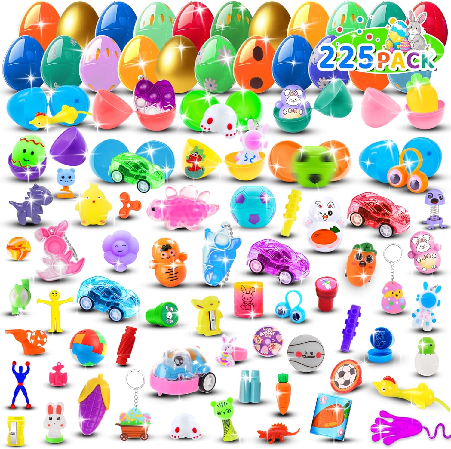 225Pack Prefilled Easter Eggs with Toys Inside for Easter Egg Hunting Basket Stuffers, Surprise Plastic Eggs Filled with Bulk Toys, Easter Party Supplies Gifts Classroom Prize for Kids