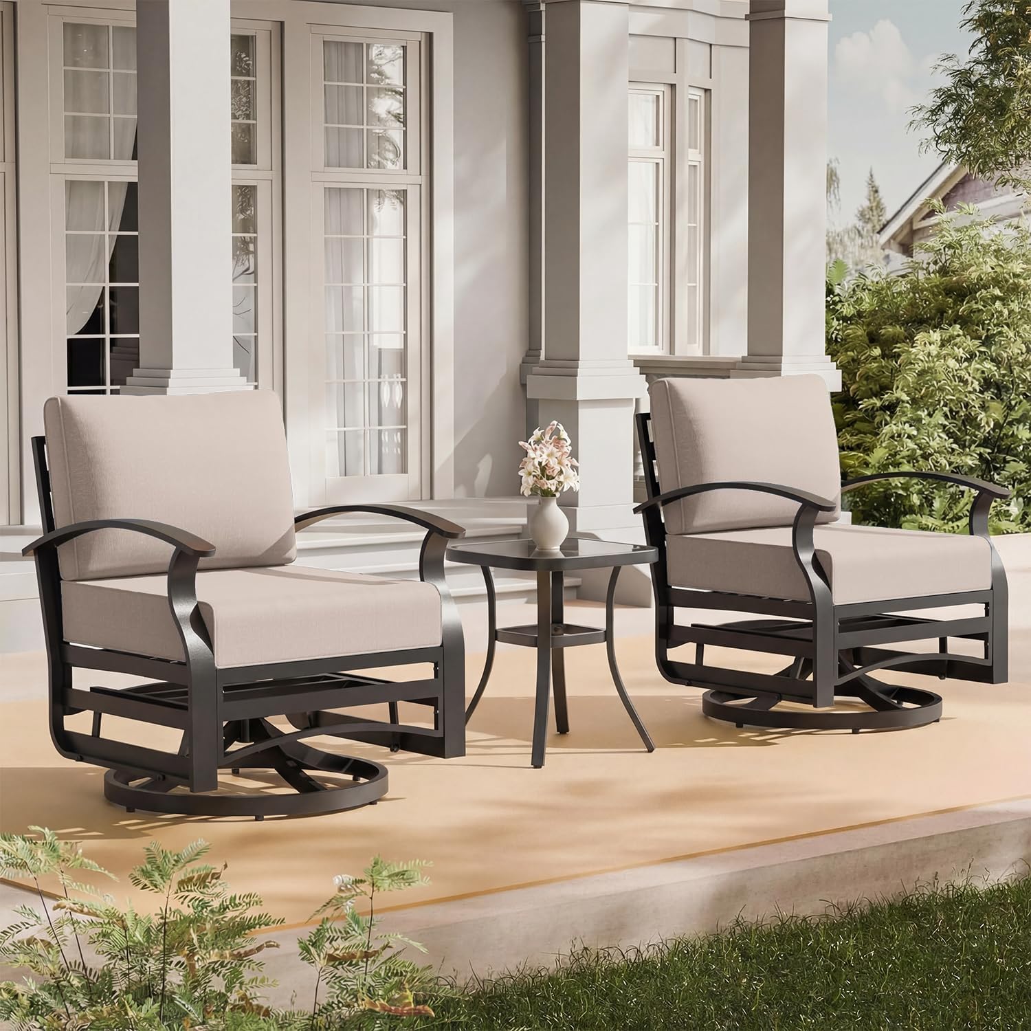 3 Piece Aluminum Swivel Rocking Chair Set, Outdoor Patio Swivel Gliders Chair with Glass Top Coffee Table, Conversation Furniture Set Suitable for Patio, Lawn, Outdoor, Back Garden(Brown)