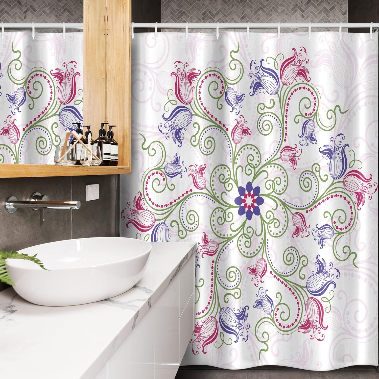 Ambesonne Mandala Stall Shower Curtain, Round Flower Frame Design Classical Vintage Floral Art Ottoman Tulips, Fabric Bathroom Decor Set with Hooks, 54" W x 78" L, Purple Green