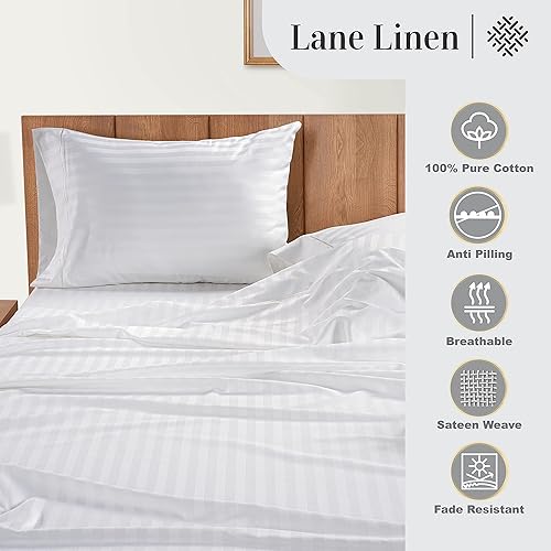 Vista 6 de Lane Linen Juego de sábanas blancas de tamaño Queen, sábanas a rayas 100% algodón para cama tamaño Queen, sábanas suaves de lujo a rayas