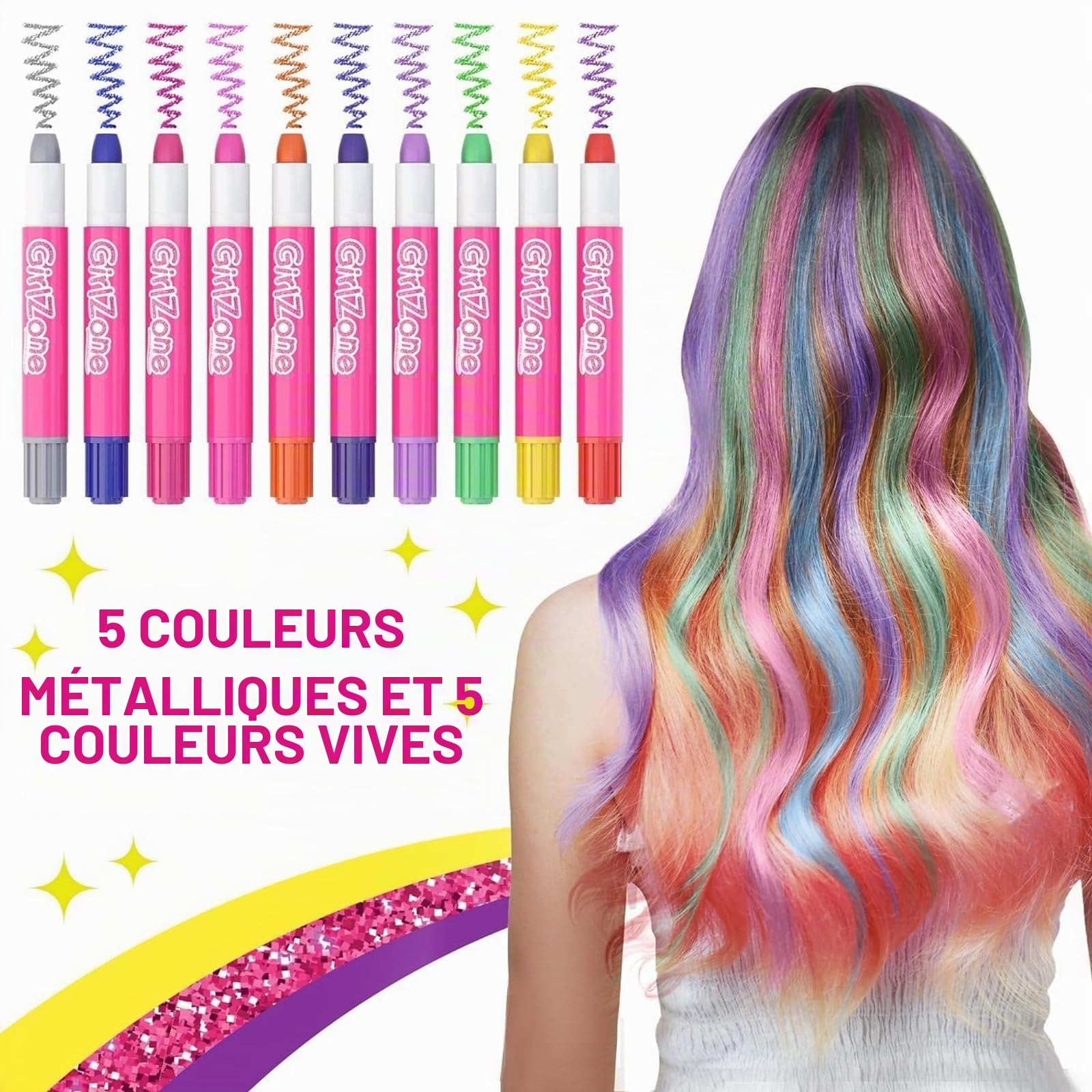 Girlzone Cadeau Fille - Craie pour Cheveux Lavable - Accessoire Cheveux Fille - Kit 10 Stylos de Coloration Temporaire - Hair Chalk - Anniversaire Filles 3 à 12 Ans