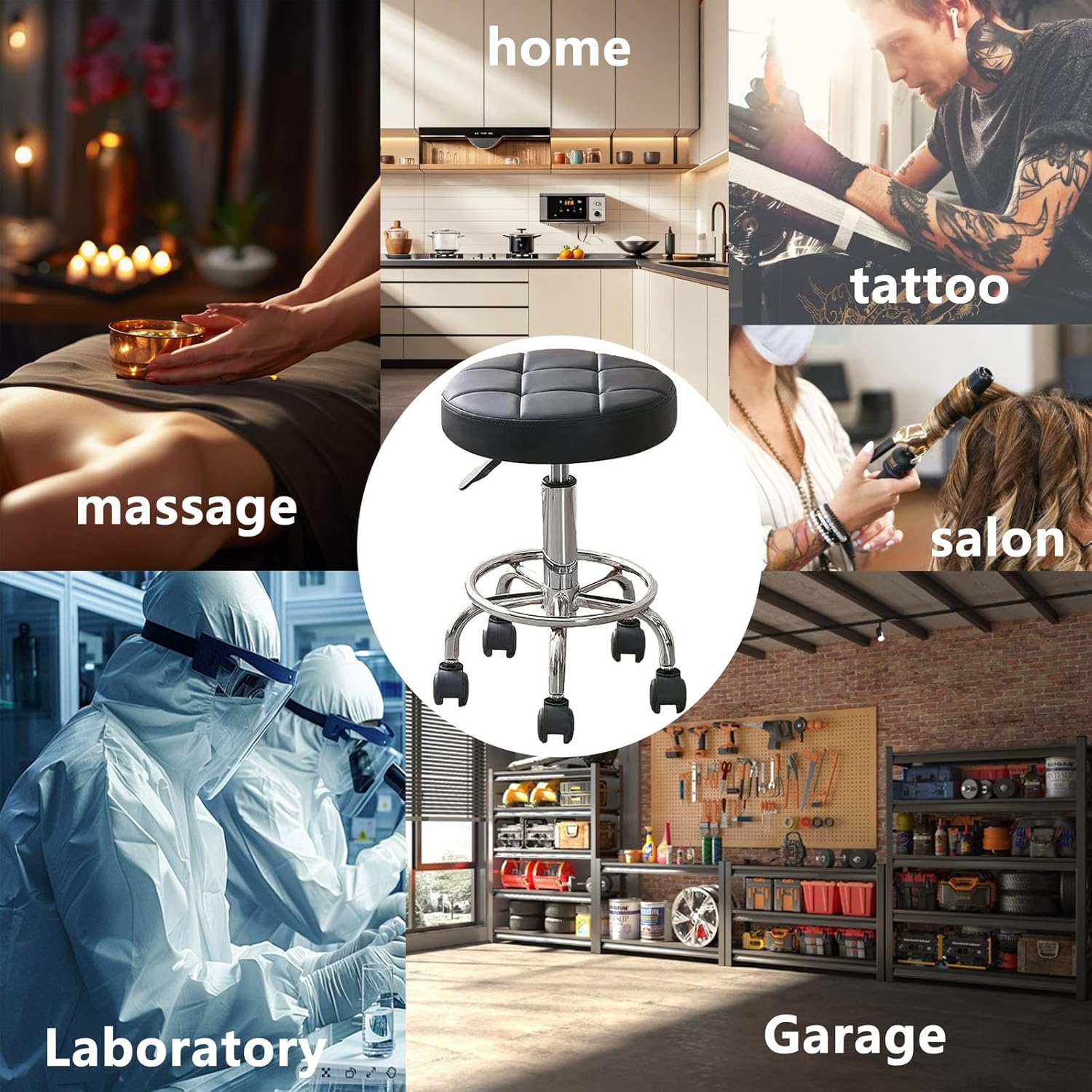 Round Rolling Stool Chair PU Leather,360° Adjustable Stools with Wheels Compact Size & High Weight Capacity Rolling Stool for Tattoo Salon Office Home