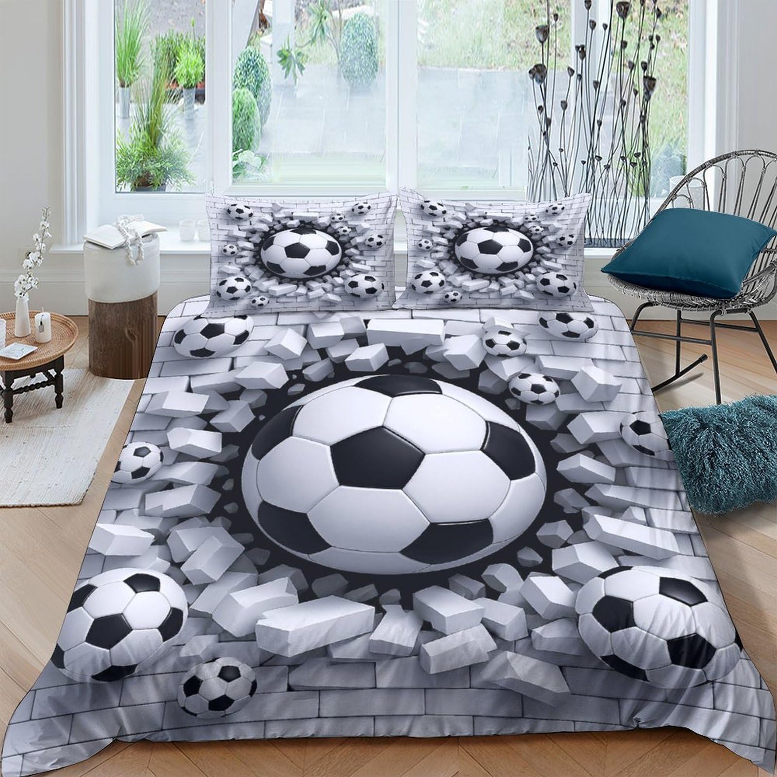 Ctjqhvkz Style-8 3D Printed Soccer Ball Fitted Sheet Microfiber Grey Black 3D Effect Bed Cover For Bedroom Guestroom Mattress Decor Single（135X200cm）