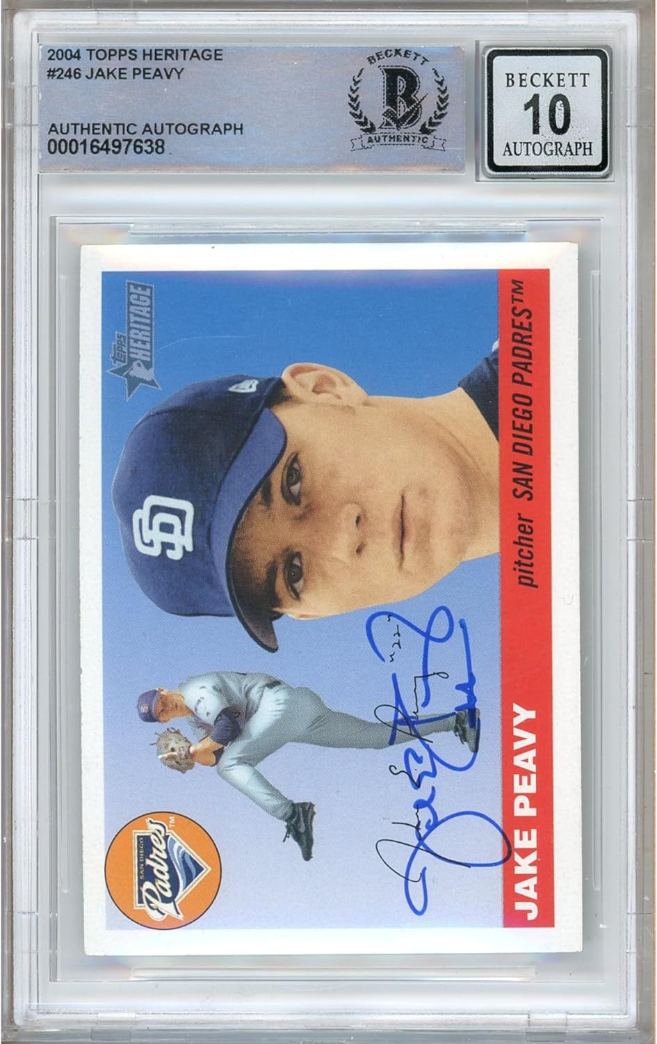 Jake Peavy Autographed 2004 Topps Heritage #246 Baseball Trading Card Beckett BGS Auto 10 Graded BAS Authentic Slabbed COA Played For San Diego Padres MLB