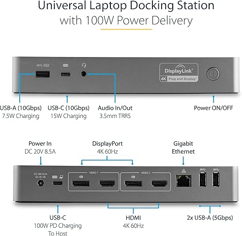 Miniatura 4 de StarTech.com Estación de acoplamiento universal para laptop, base híbrida USB-CUSB-A, Dual 4K DPHDMI, 100W PD, MacWindowsChrome OS, NIC