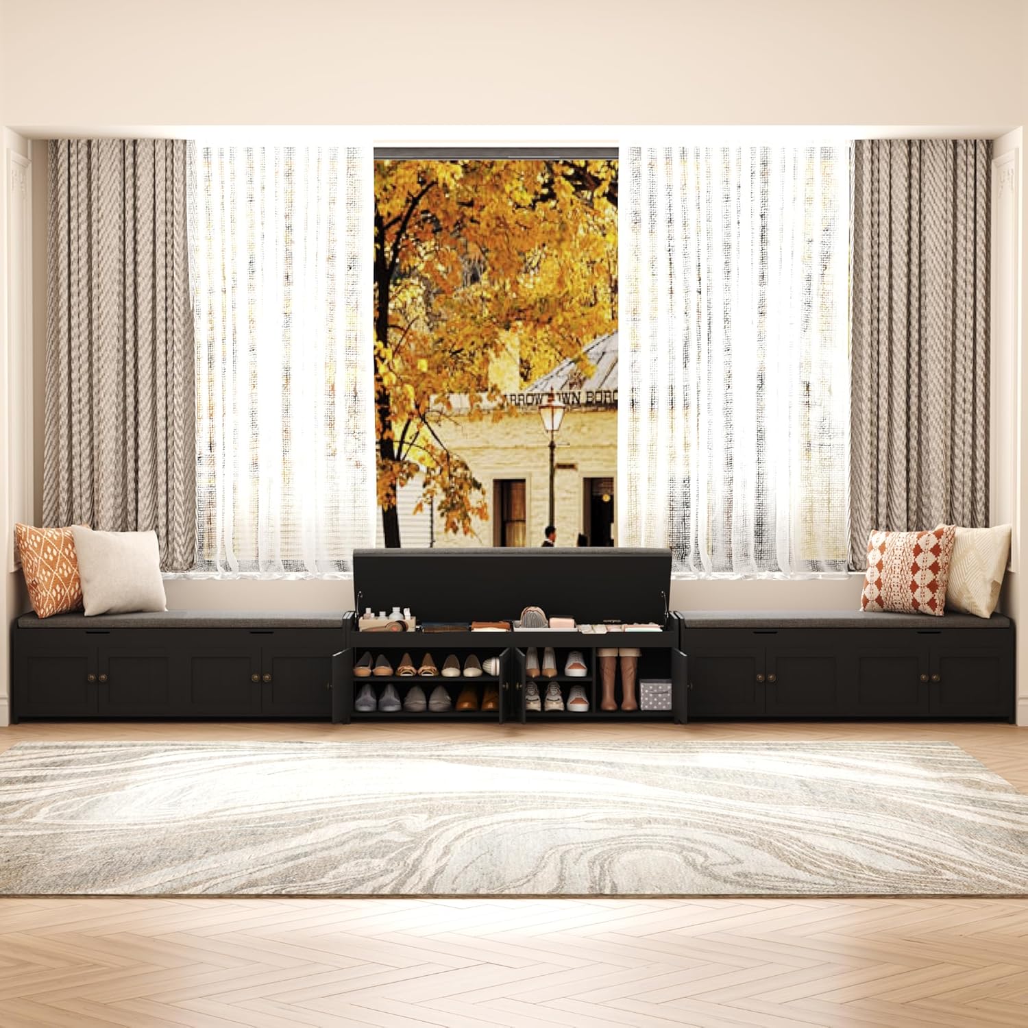 HOMEFORT 54.4" Shoe Bench with Lift Top Storage, Entryway Bench with Cushioned Seat, Wooden End of Bed Bench, Shoe Cabinet Bench with Hidden Storage Space, for Bedroom, Hallway,Black