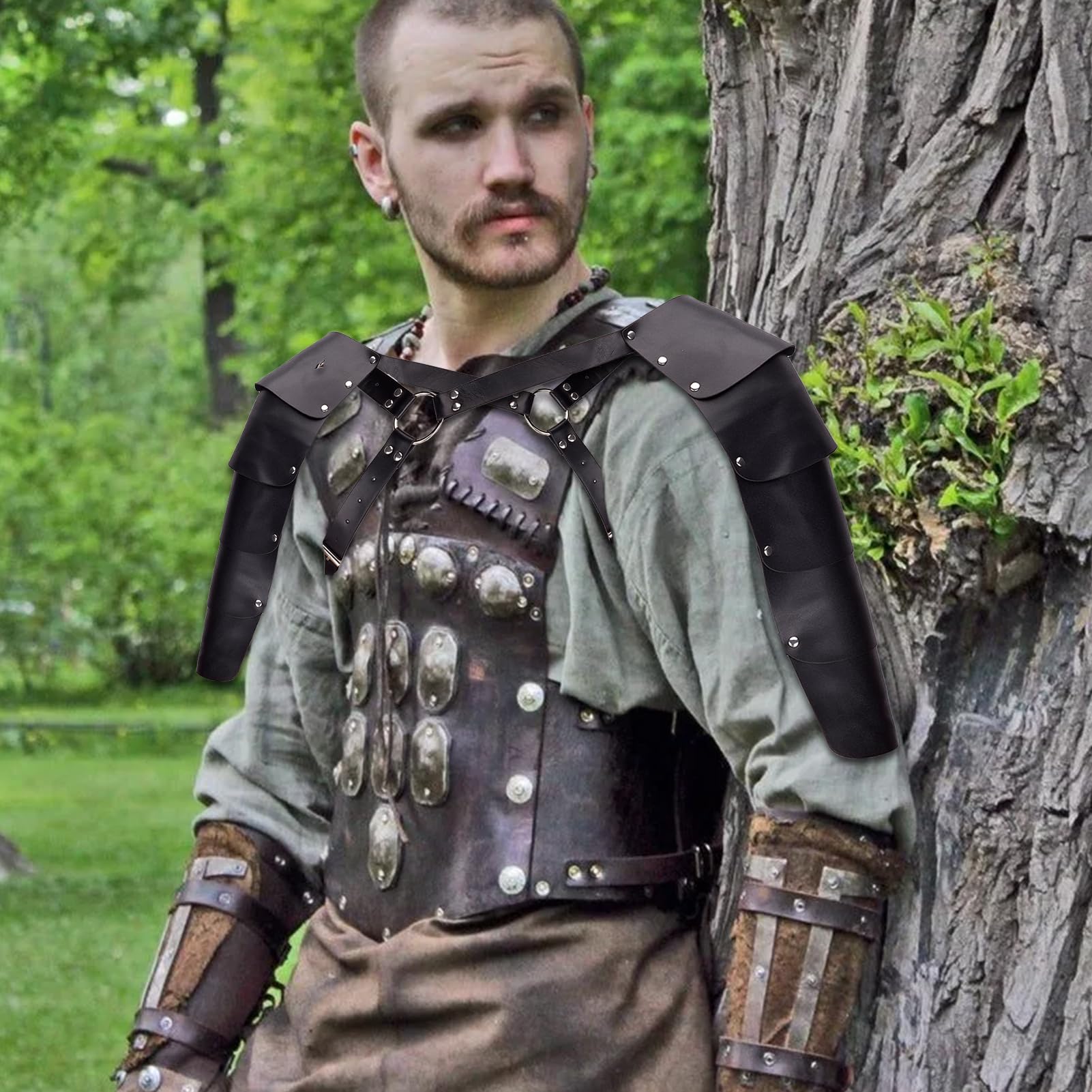 NICENEEDED Armadura Medieval de Un Solo Hombro, Arnés de Caballero Gladiador de Cuero PU con Armadura de Un Solo Hombro Ajustable
