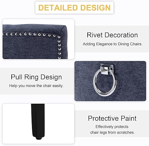 Miniatura 4 de Sillas de comedor tapizadas con brazos, juego de 2, sillas de comedor con patas de madera maciza y respaldo copetudo (lino + azul)