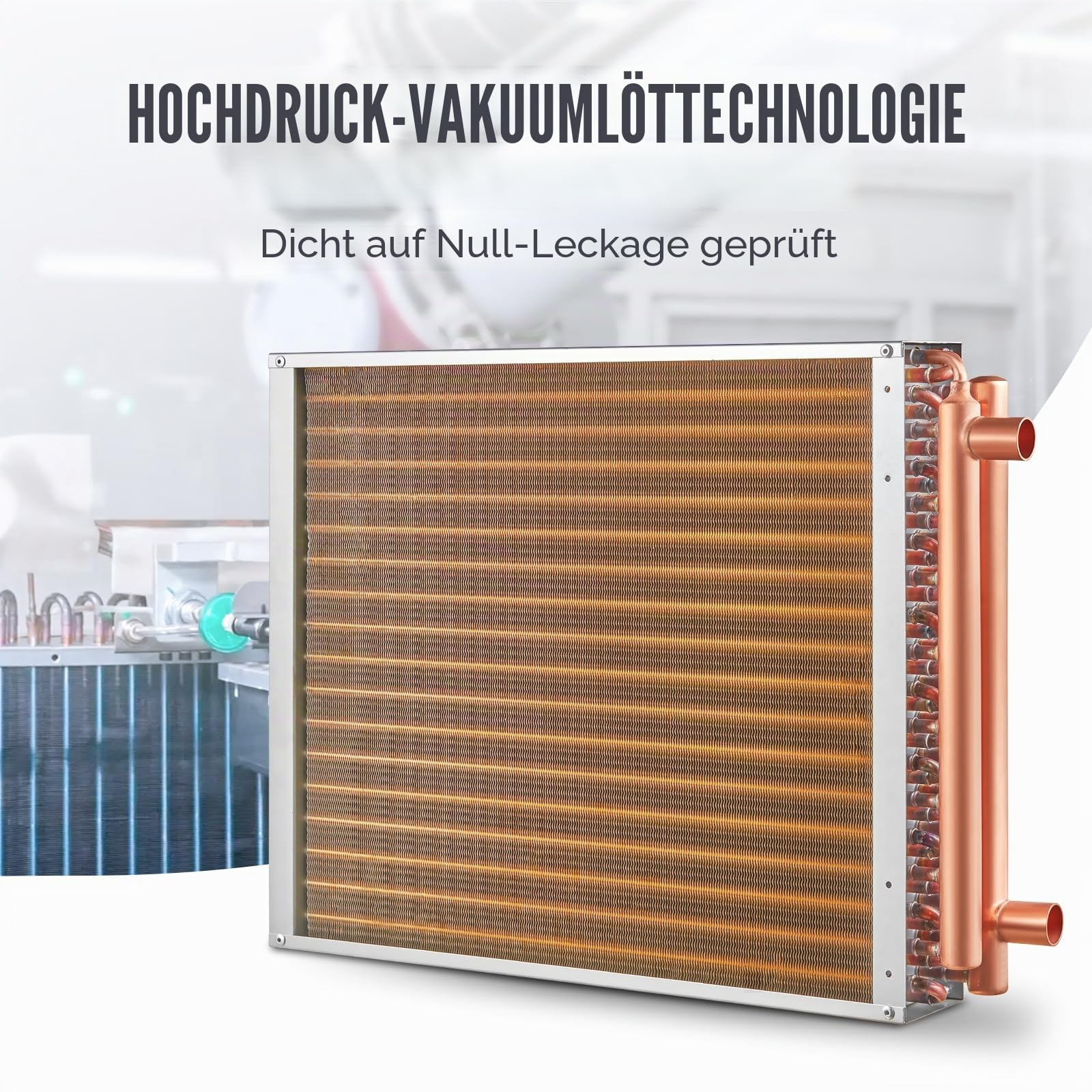 VEVOR Wärmetauscher Wasser-Luft, 45,72 x 50,8 cm mit 3-reihigen 9,53 mm Kupferanschlüssen, 242 Aluminiumlamellen Wärmetauscher für Holzöfen, Heizung und Kühlung im Wohnbereich und Warmluftheizung