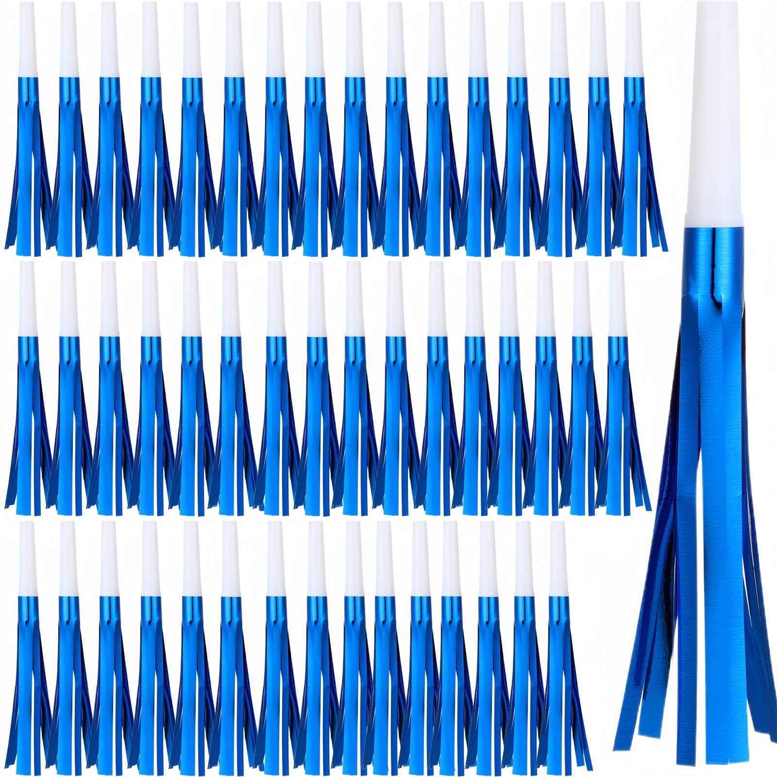 LCPQMZGH 48 Pcs Noise Makers Glitter Metallic Fringed Noise Makers Horns for Baby Shower, Kids Birthday, New Year Party Favor - White Blue