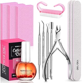 Nail File and Buffer Set, MORGLES 3pcs Nail Files 100/180 with 2pcs Nail Buffer Blocks, 5pcs Cuticle Trimmer Set, Cuticle Softener Rose Cuticle Oil for Nails, Manicure Tool Kit for Women Cuticle Care