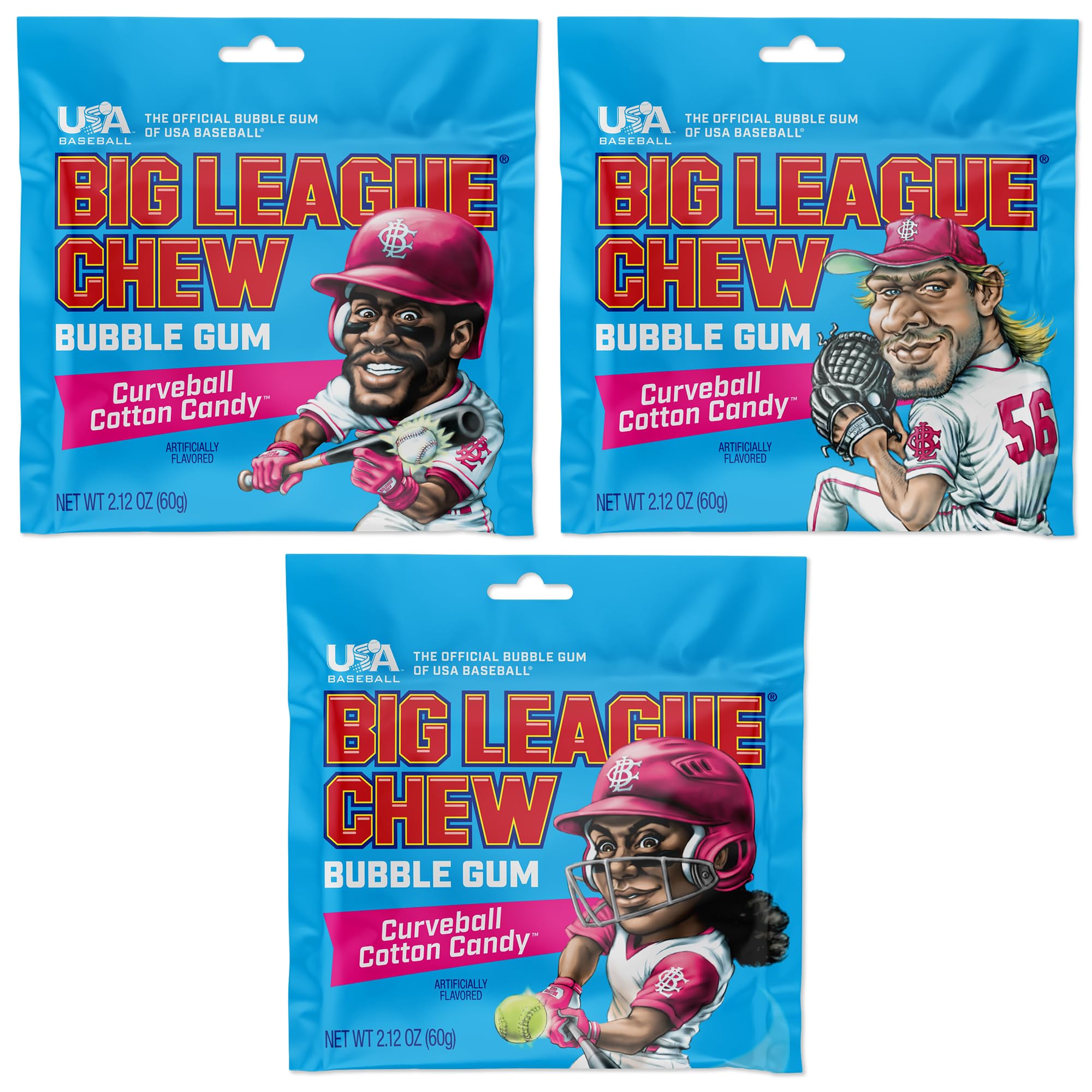 Big League Chew Cotton Candy Bubble Gum 3-Pack - 2.12oz Packets - Curveball Cotton Candy Baseball Gum - Big League Chew Baseball Sweet Set for Treats,
