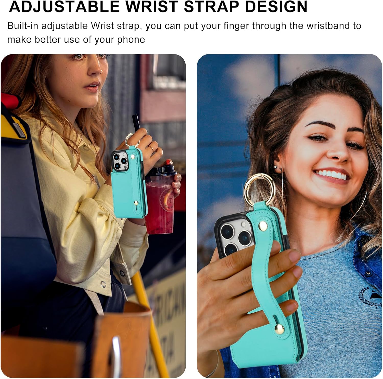 Folosu for iPhone 16 Pro Wallet Case with Card Holder, Hand Wrist Strap Loop Holder Kickstand, RFID Blocking Finger Grip Ring PU Leather Double Buttons Shockproof Cover 6.3 Inch (Mint Green) - Image 3