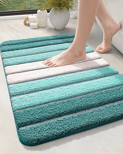 DEXI Alfombra de baño absorbente, antideslizante, lavable, alfombra pequeña de 16 x 24 pulgadas, turquesa, verde azulado y blanco