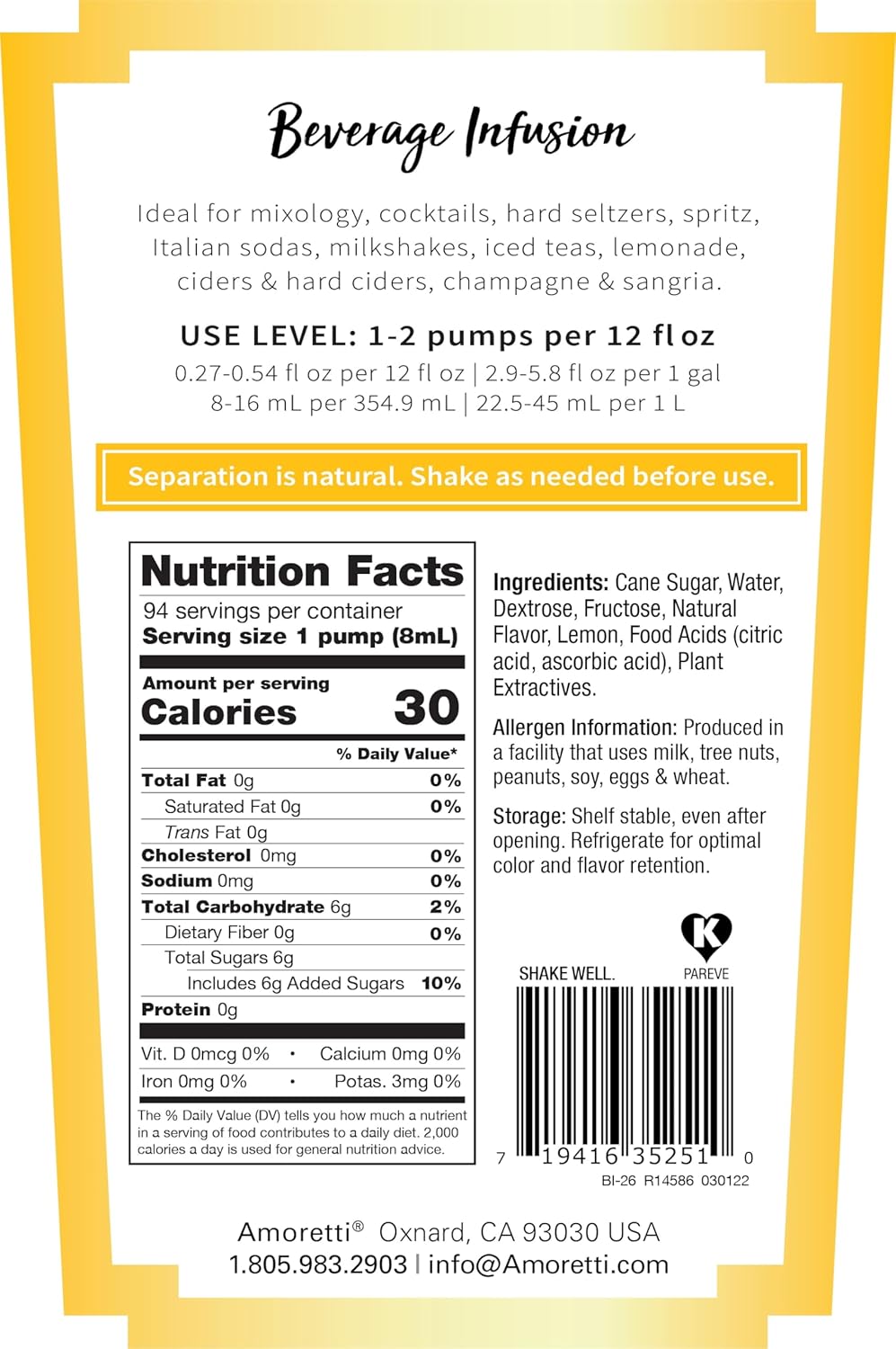 Amoretti - Lemon Beverage Infusion, 94 Servings Per Bottle (750 ml) - Drink Mix & Water Enhancer with Pump for Flavoring Cocktails, Waters, Teas, and other Beverages, Preservative Free