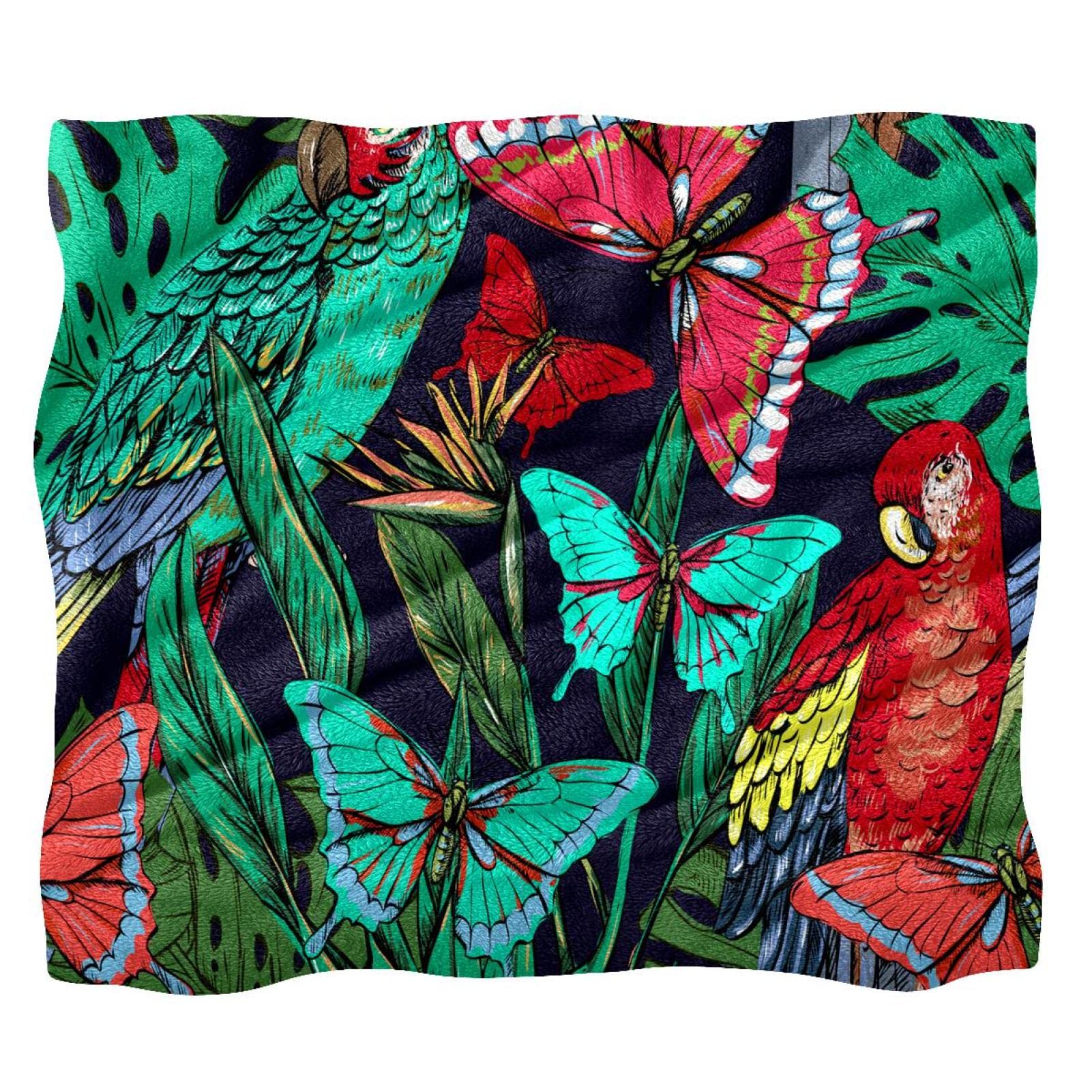 Couverture polaire douce haut de gamme motif perroquet et papillons