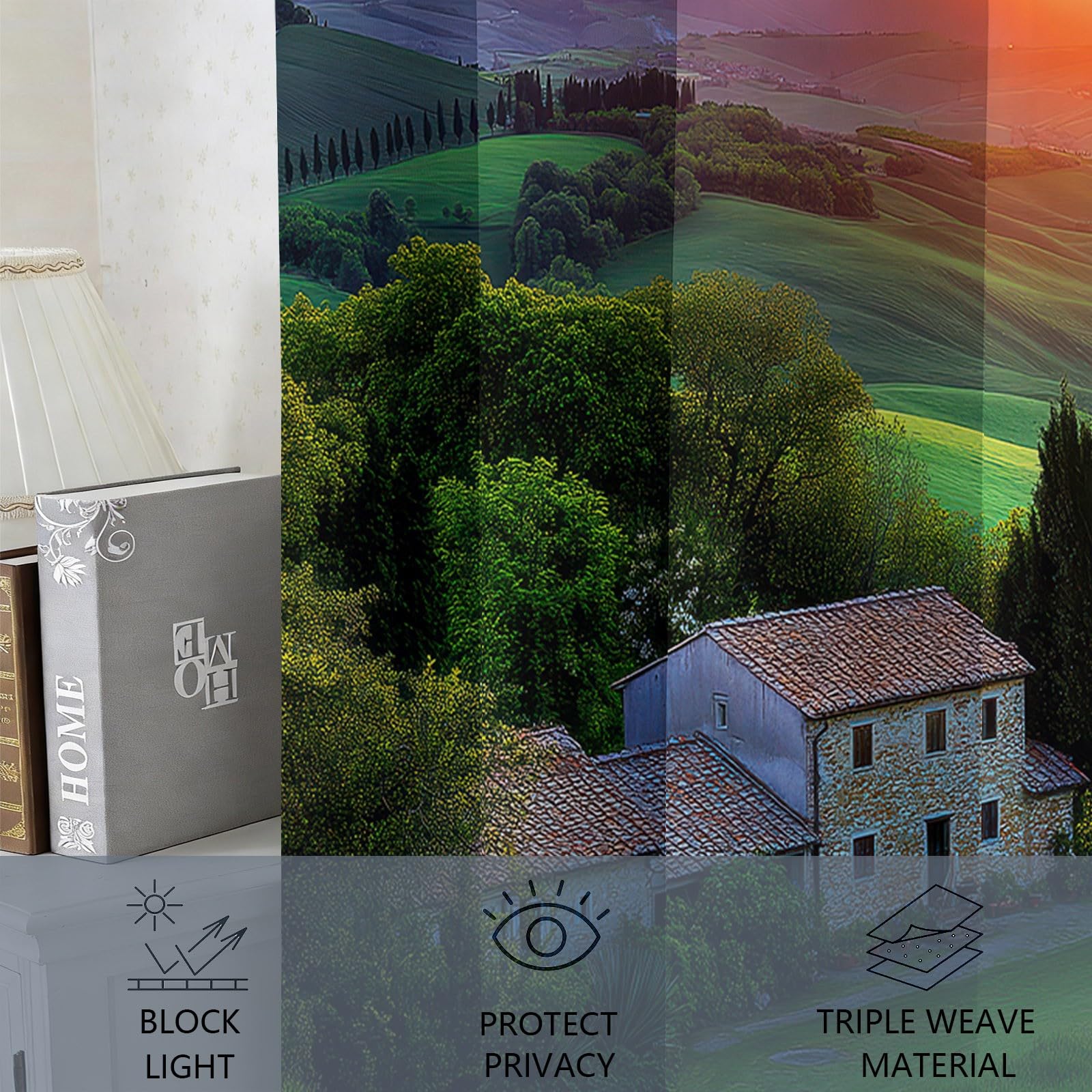 Zasłony zaciemniające Fotografia wiejska 117 l x 230 cm, łąka wiejska z motywem wiejskiego słońca, dekoracja okienna salonu i sypialni, izolacja termiczna, 2 panele