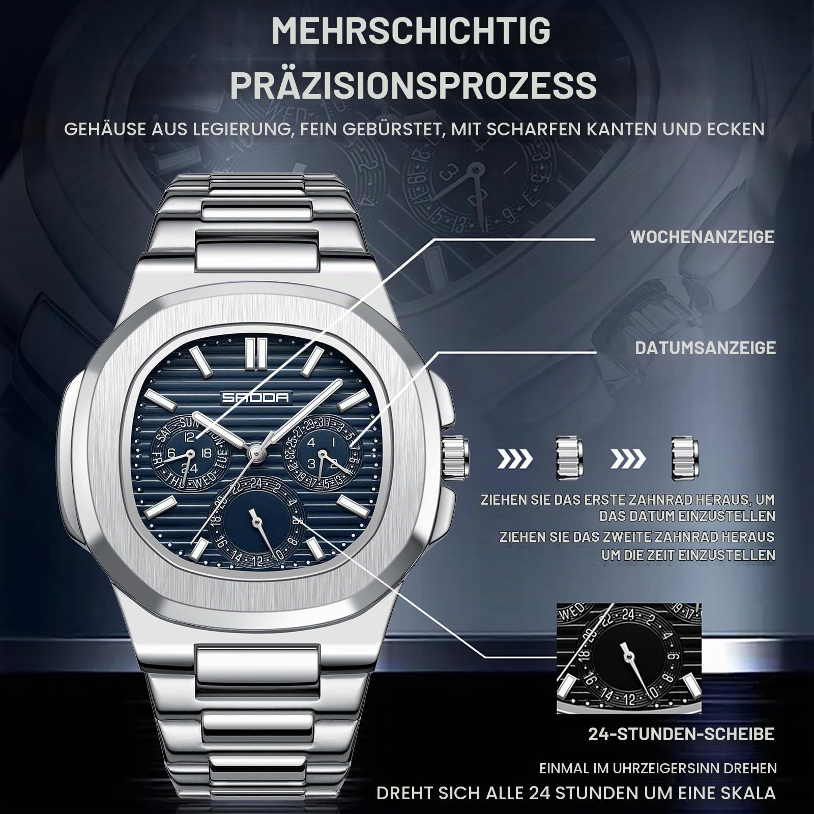 findtime Uhren Herren Luxus Business Armbanduhr Analog Quarz Uhr Edelstahl 3ATM Wasserdicht Leuchtend Datum Wochentag Designer Herrenuhr Mode Uhr für Männer Arbeit und Freizeit