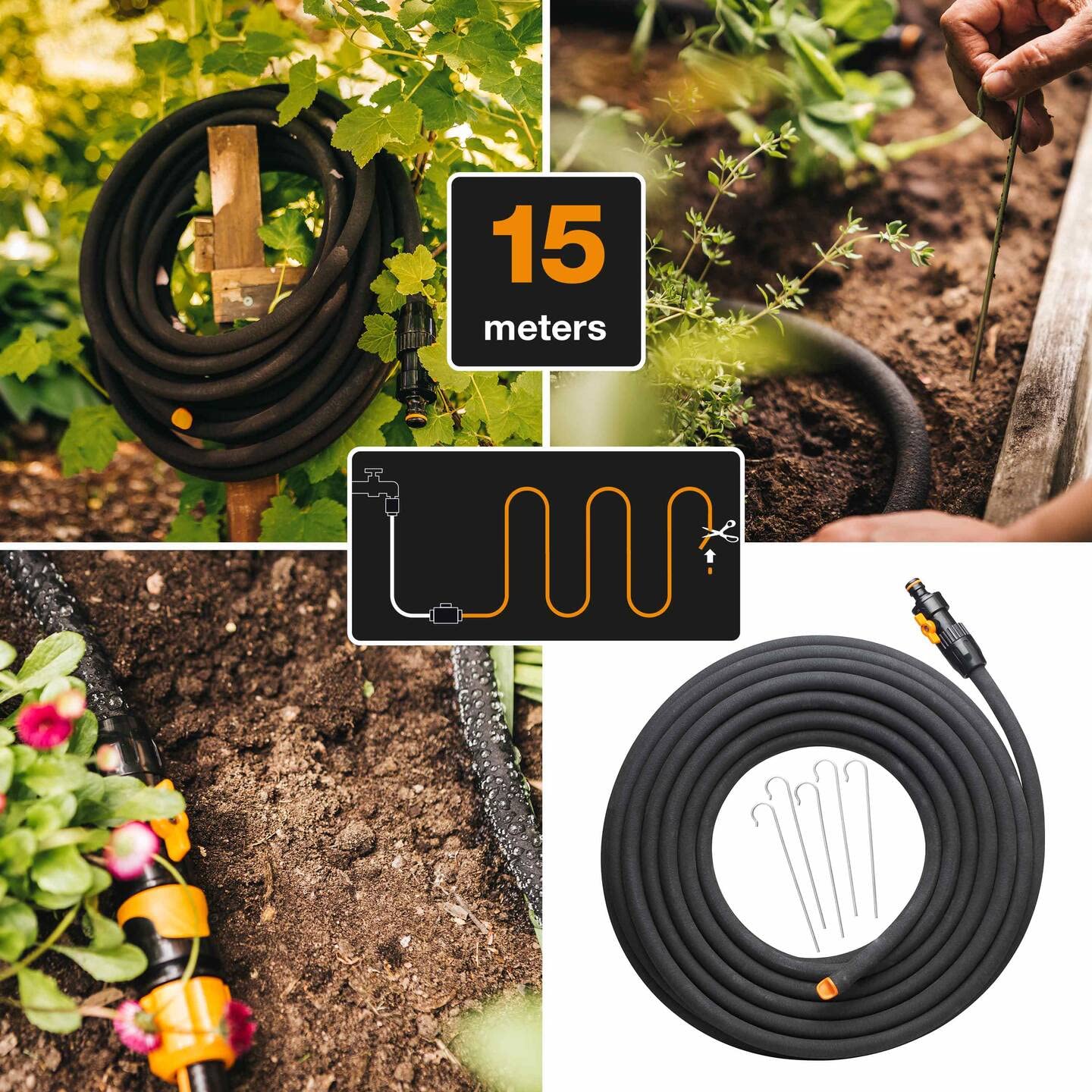 Fiskars Tuyau d'Arrosage, avec Vanne de Contrôle du Débit, Peut être raccourcis, Taille Universelle, 15 m, Ø 1,3 cm (1/2''), 1,63 kg, Noir/Orange, 1025935