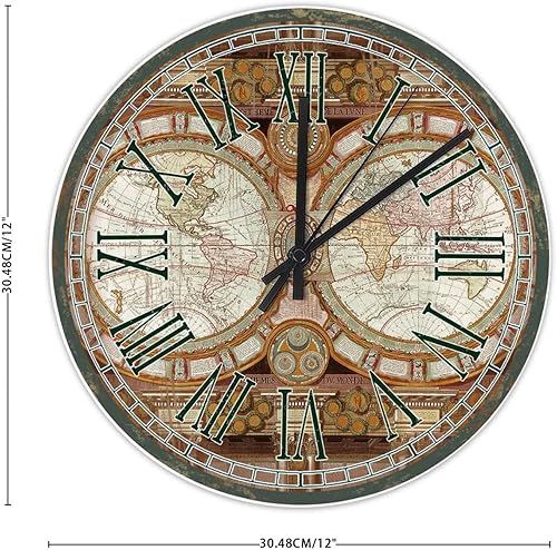 Miniatura 2 de Reloj de pared redondo rústico con mapa del mundo retro clásico, de 12 pulgadas, de cuarzo, funciona con pilas, silencioso, mapa del mundo, bandera