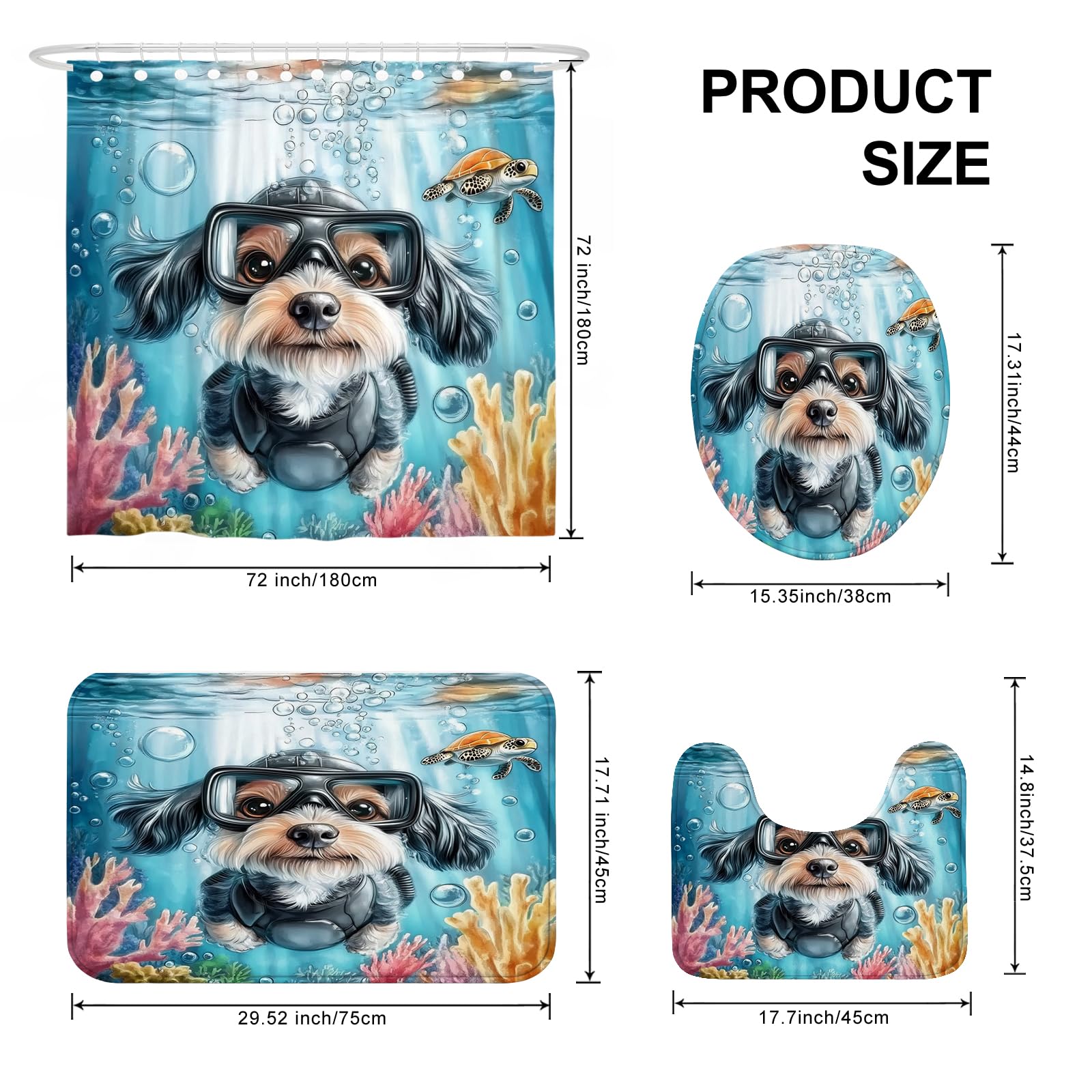 4-teiliges Badezimmer-Zubehör-Set mit frühlingshaftem Schnauzer, mit rutschfestem Teppich, U-Form und WC-Deckelbezug, lustiger Welpe, Kinder, Ozean, Cartoon, Badezimmer, dekorativ, 183 x 183 cm