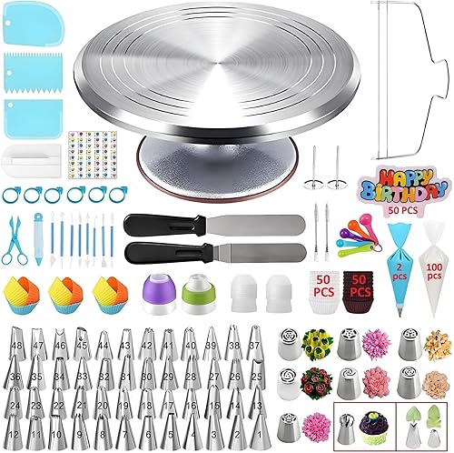 Kit de decoración de pasteles de 357 piezas, herramientas para hornear con plato giratorio de aluminio para tartas, nivelador, 50 puntas de