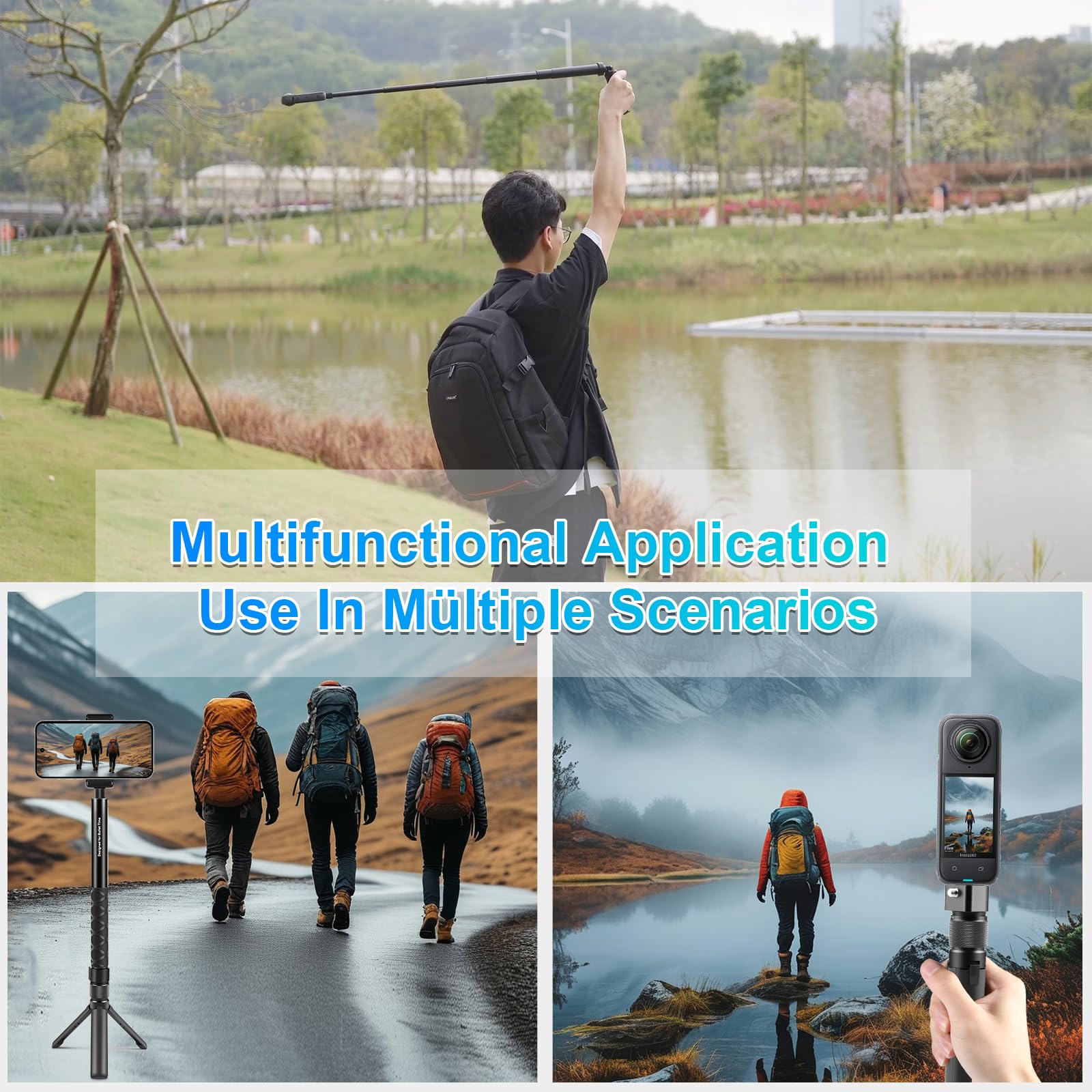 PULUZ Bullet Time Handle Trépied pour Insta 360 X3 X4 X5 One X2, Mini Trépied de Caméra avec Double 1/4 de Pouce pour DJI Osmo Action 3 4 5 Pro, Osmo 360, pour Gopro Hero 12 11 10 8 7 6 5