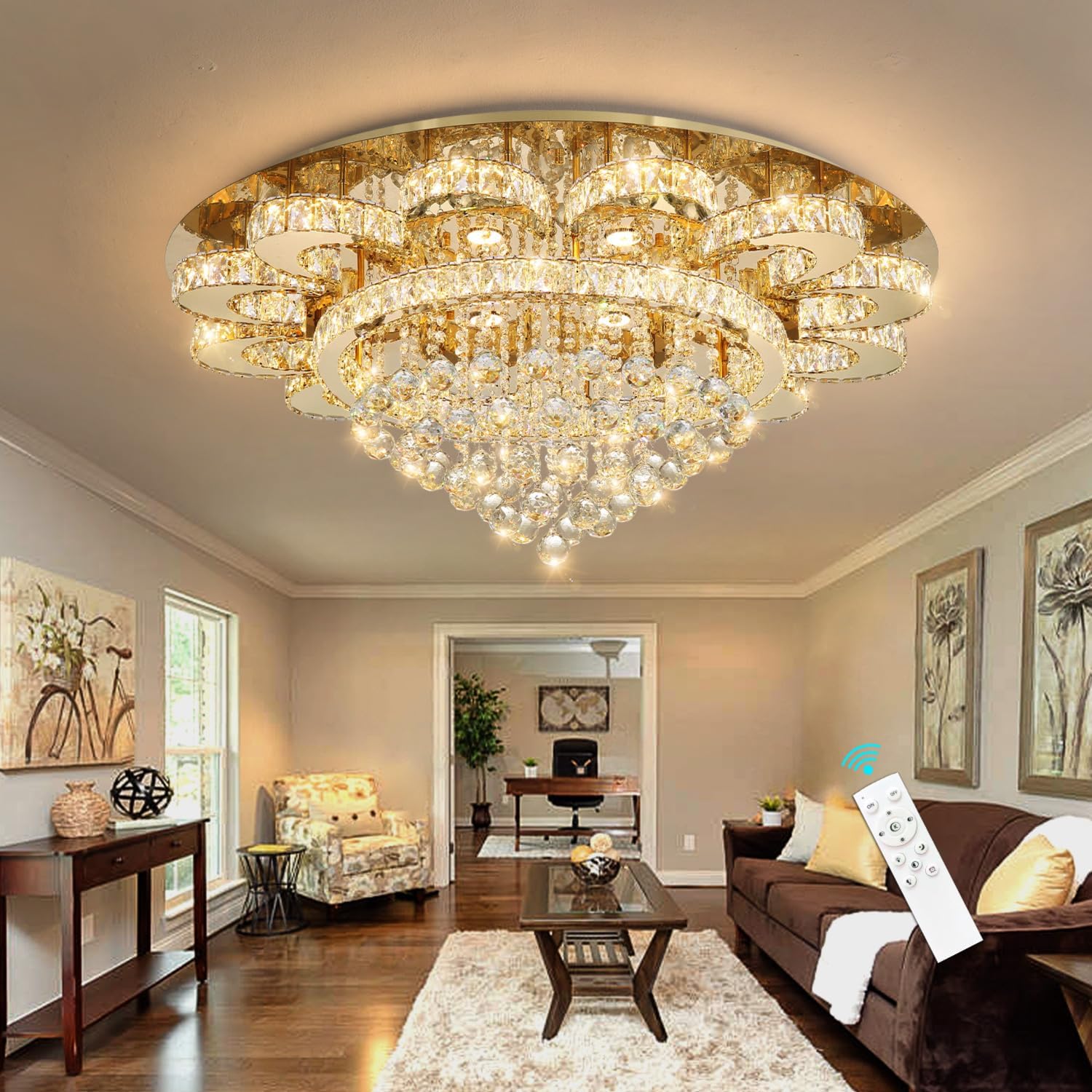 HAIXIANG Modern Chandelier Living Room Light Glam Chandeliers Ceiling Light Fixture Remote Dimmable Lights 40 Inches Luxury Crystal Gold Dining Room Lights