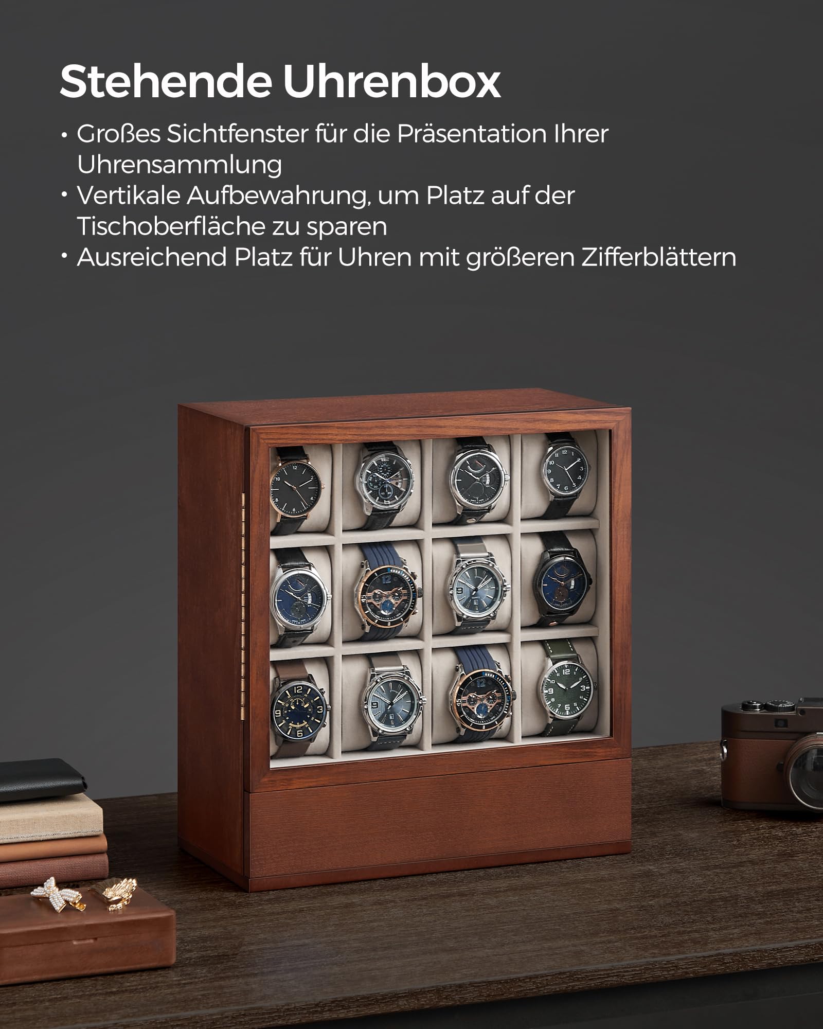 SONGMICS Uhrenbox 12 Fächer, mit Fenster, Massivholzfurnier | Uhrenkasten, Samtfutter, vertikale Aufbewahrung, platzsparend, Geschenkidee, kaffeebraun, ANICIA Kollektion JOW014K01