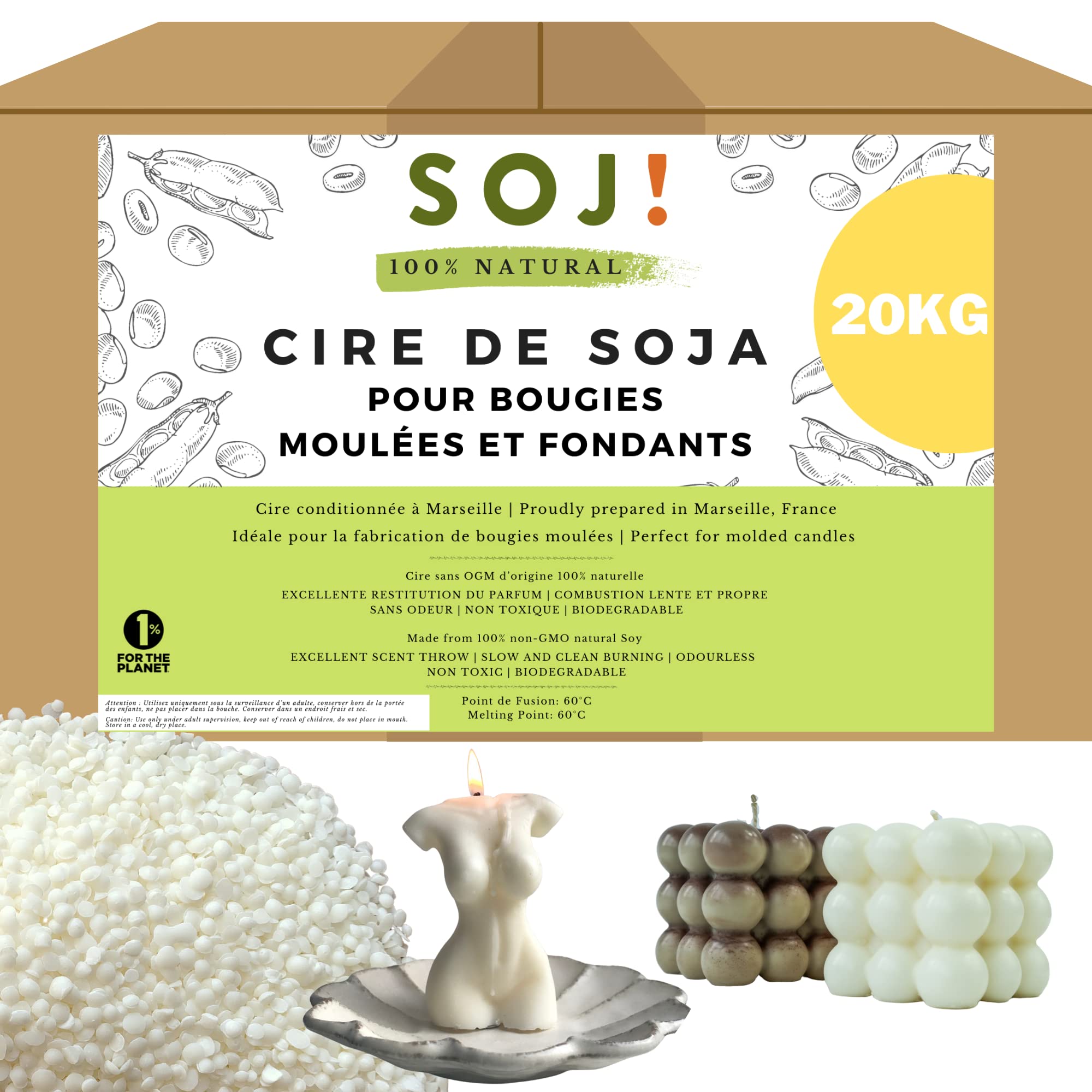 Wosk sojowy do świec formowanych i topiących się w granulkach, wosk do świec bez GMO, w 100% naturalny i wegański, do produkcji świec roślinnych, pakowany we Francji - 20 kg