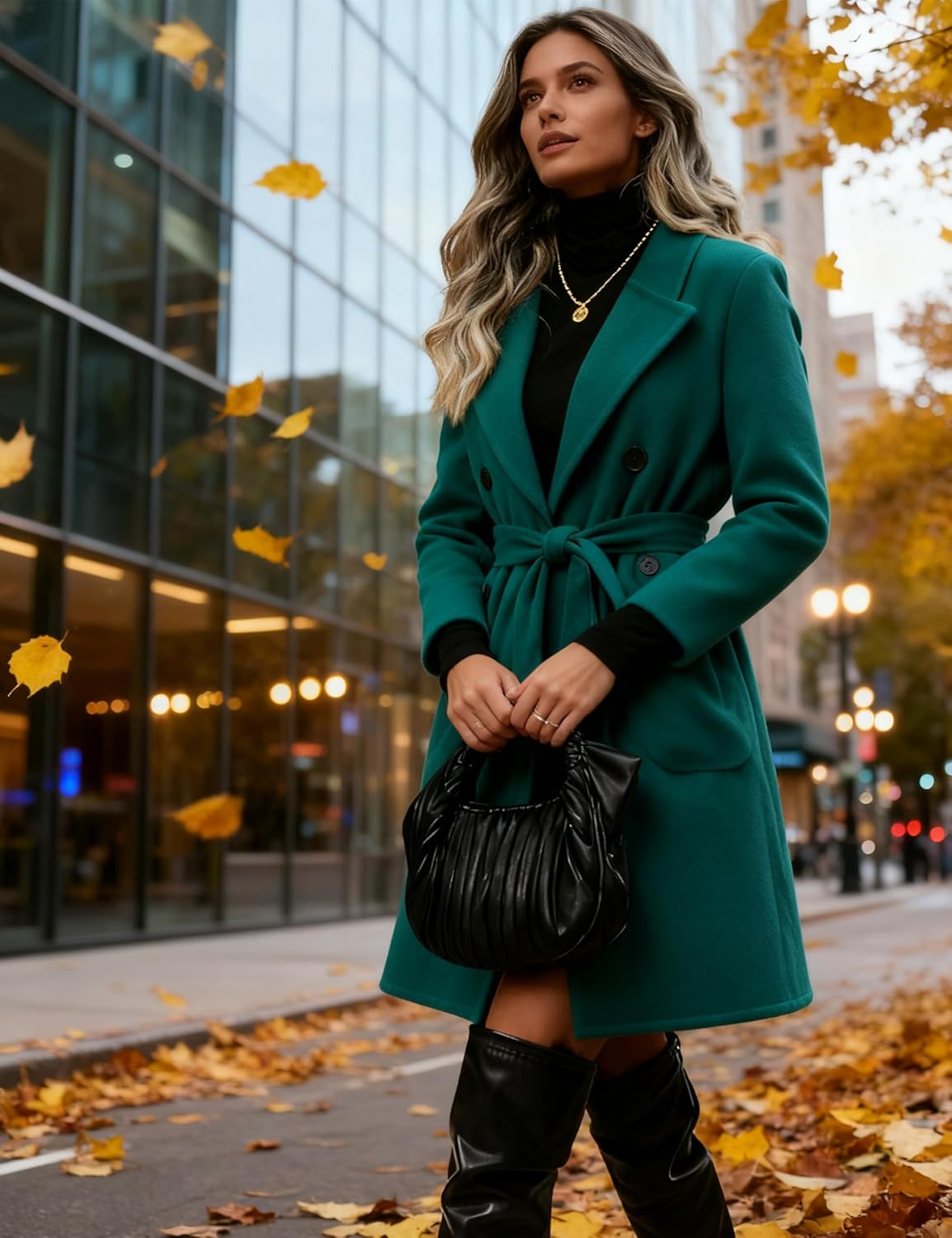 Springrain Womens Winter Wool Pea Coat Warm Notched Collar Double Breasted Belted Coat Long Jacket Outerwear - Image 7