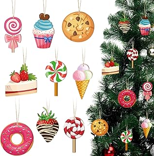 36 Pieces Christmas Dessert Wooden Ornaments Cupcake Cookie Peppermint Round Swirl Candy Ice Cream Strawberry Biscuit Donut Mini Dessert Set Ornaments Christmas Tree Ornaments for Xmas (Lovely Style)