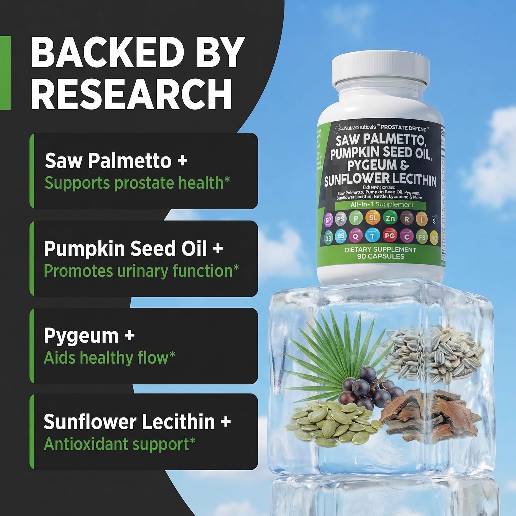 Clean Nutraceuticals Saw Palmetto Pumpkin Seed Oil Pygeum Sunflower Lecithin Stinging Nettle Cranberry - Prostate Supplements for Men with Lycopene - 90 Caps — Amazon image 3