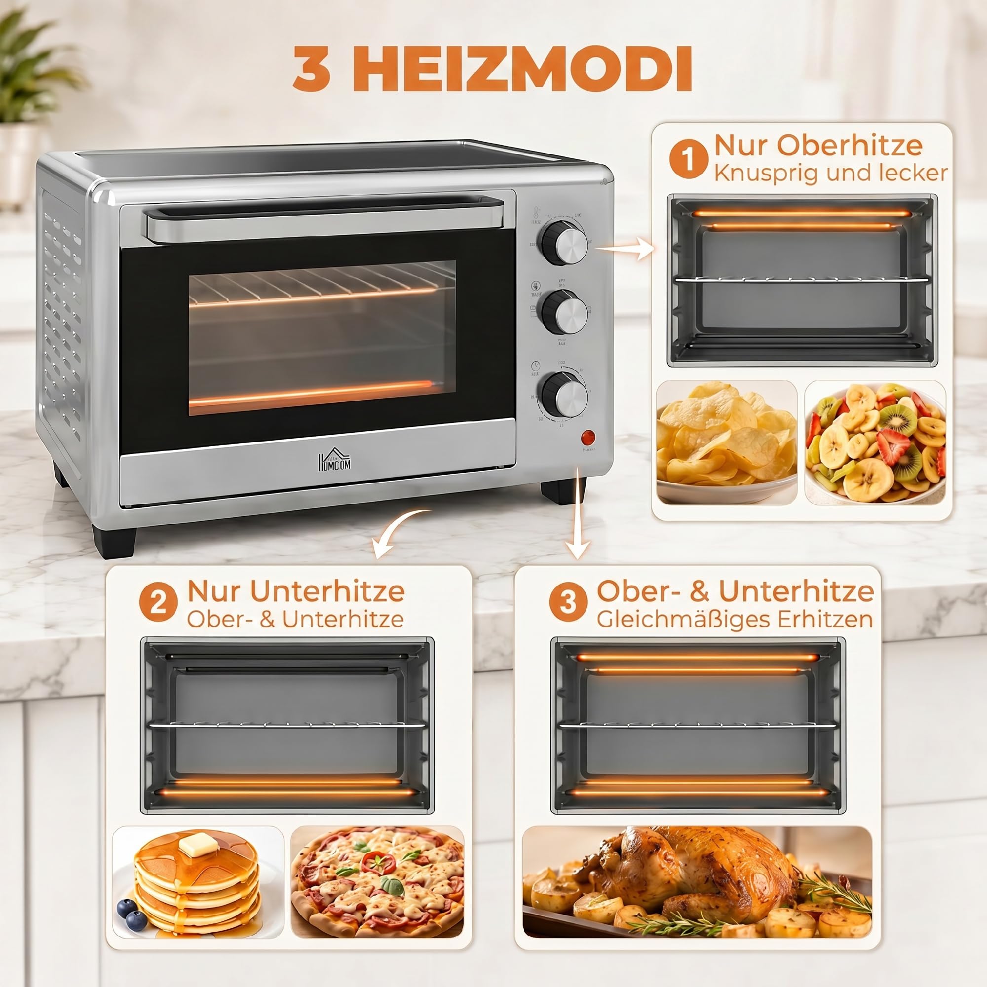 HOMCOM Mini piekarnik, 30 l, mini piekarnik z blachą do pieczenia i rusztem do grillowania, 1600 W, z blachą na okruchy, piec tosty 60-230℃ z timerem 60 min, stal nierdzewna