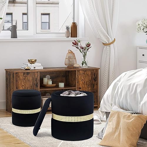 Miniatura 7 de Joveco Juego de 2 otomanas redondas de terciopelo para almacenamiento, reposapiés tapizado, mesa auxiliar con banda tejida para sala de estar y