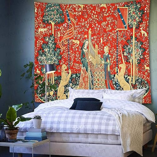 Miniatura 3 de Tapiz real medieval europeo doncella y unicornio, 90x84 pulgadas franela suave, para colección de arte medieval de arte decorativo de pared