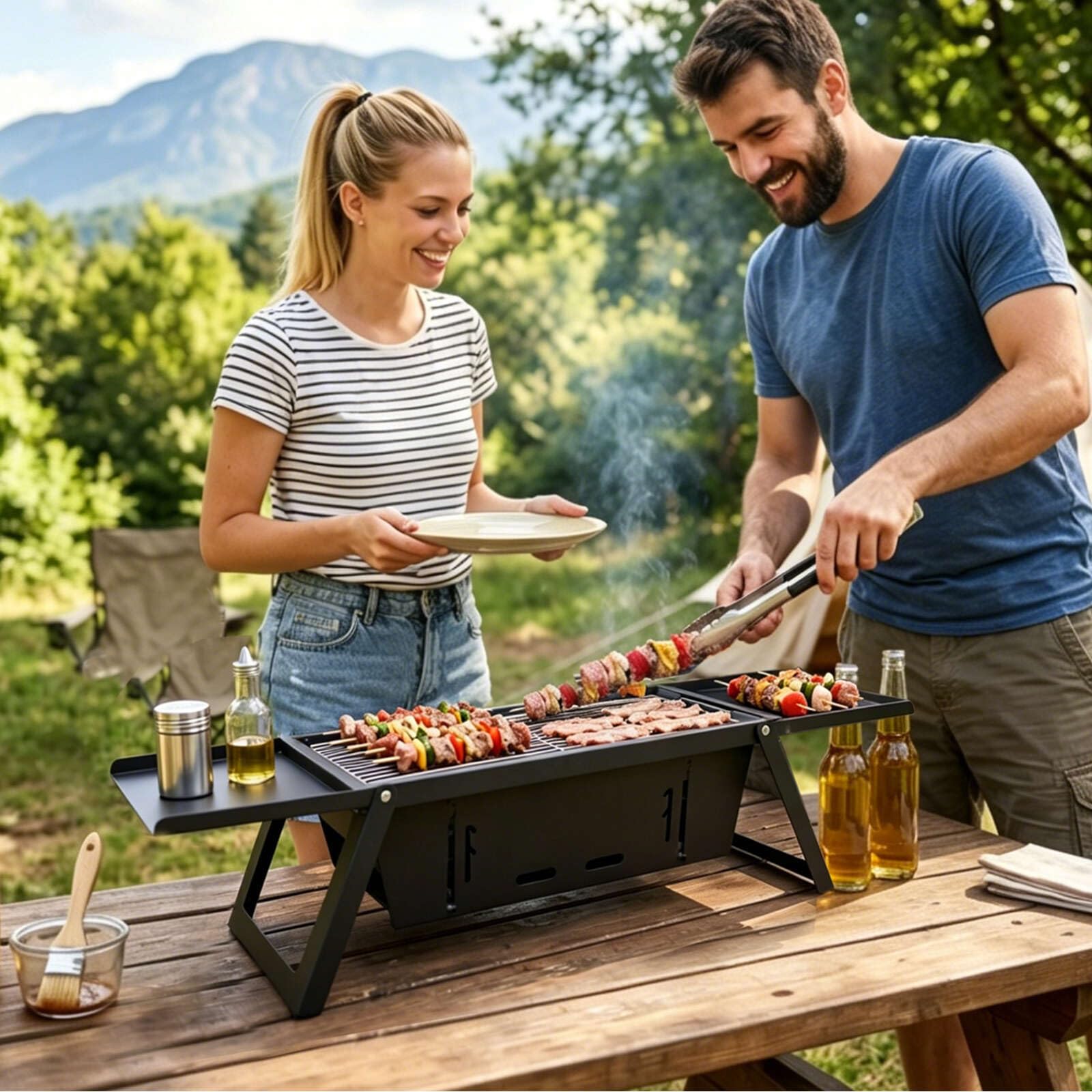 E EASTSTORM Parrilla plegable de carbón para barbacoa, control de calor de