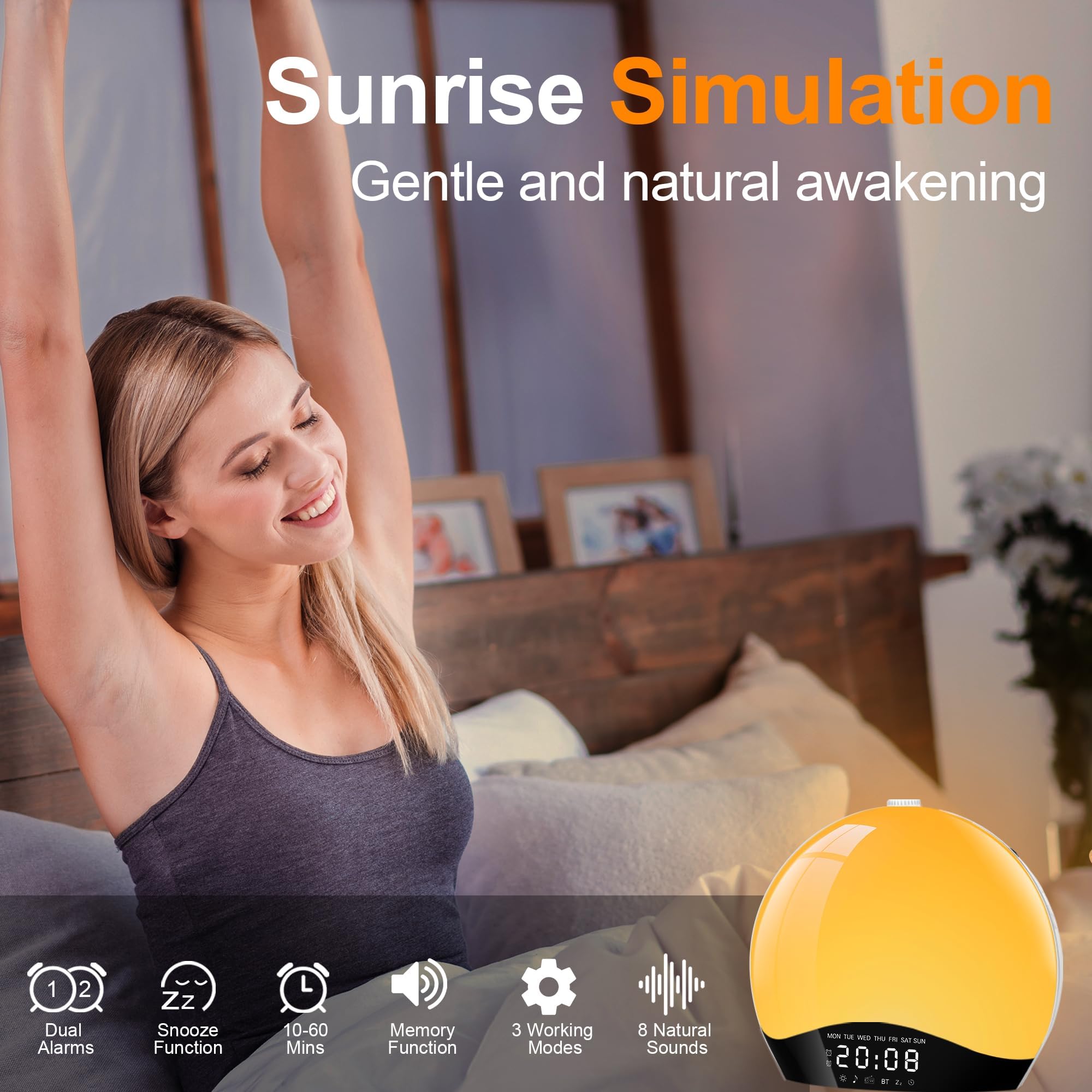 Bluetooth Tageslichtwecker Lichtwecker, Wake up Light, Wecker mit Licht, Sonnenaufgang Sonnenuntergang Simulation, Bluetooth Lautsprecher, 22 Naturgeräuschen, 20 Helligkeit Nachttischlampe für Kinder